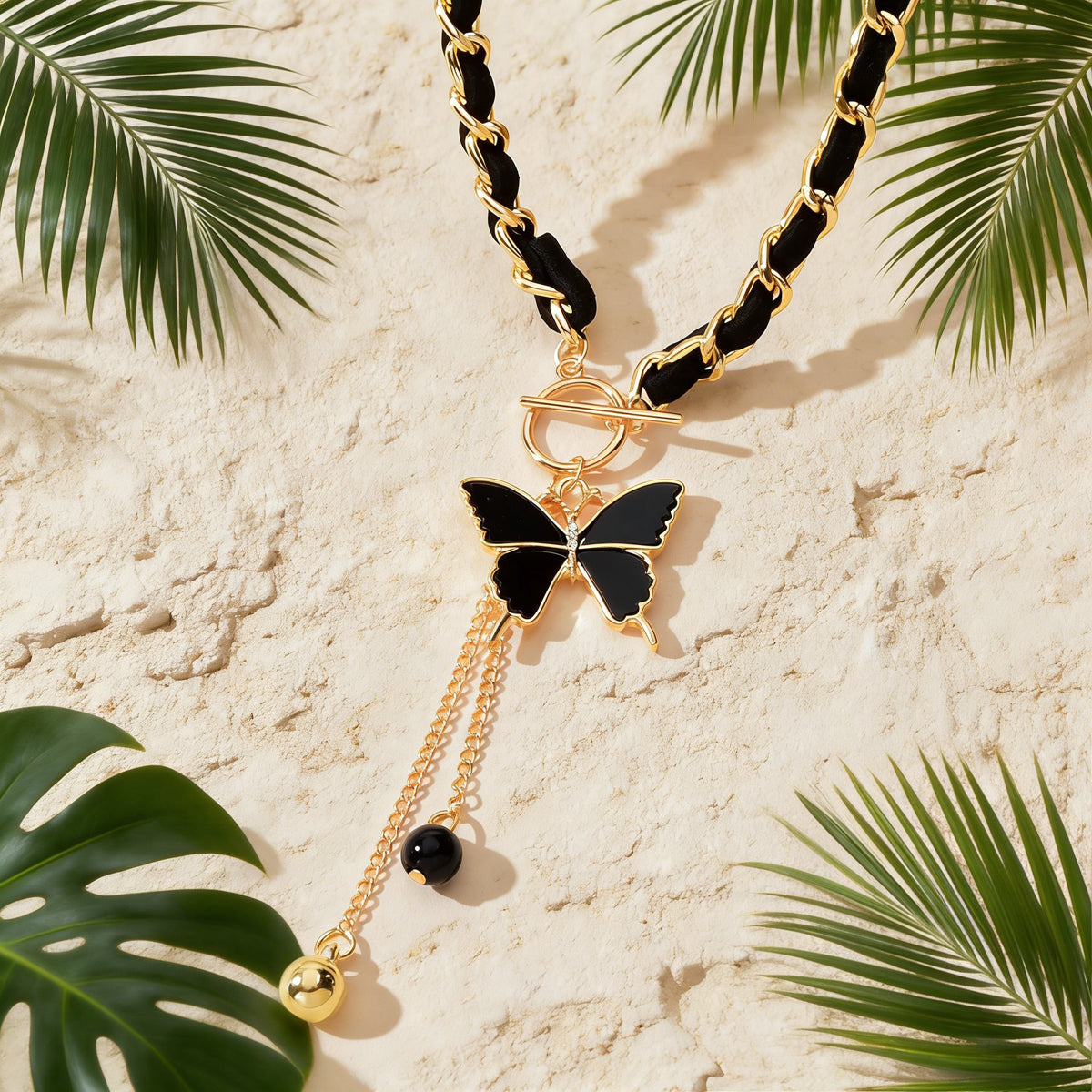 1pc Designer Stylish Butterfly Charm and Ball Pendant Tassel Braided Long Necklace Women Party Daily Jewelry