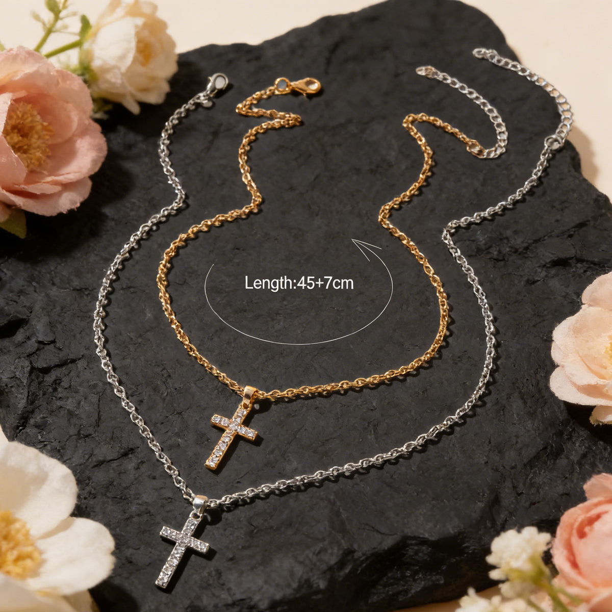 2 pcs Gold Silver Chain Rhinestone Cross Matching Necklace Lovers Couples Gift
