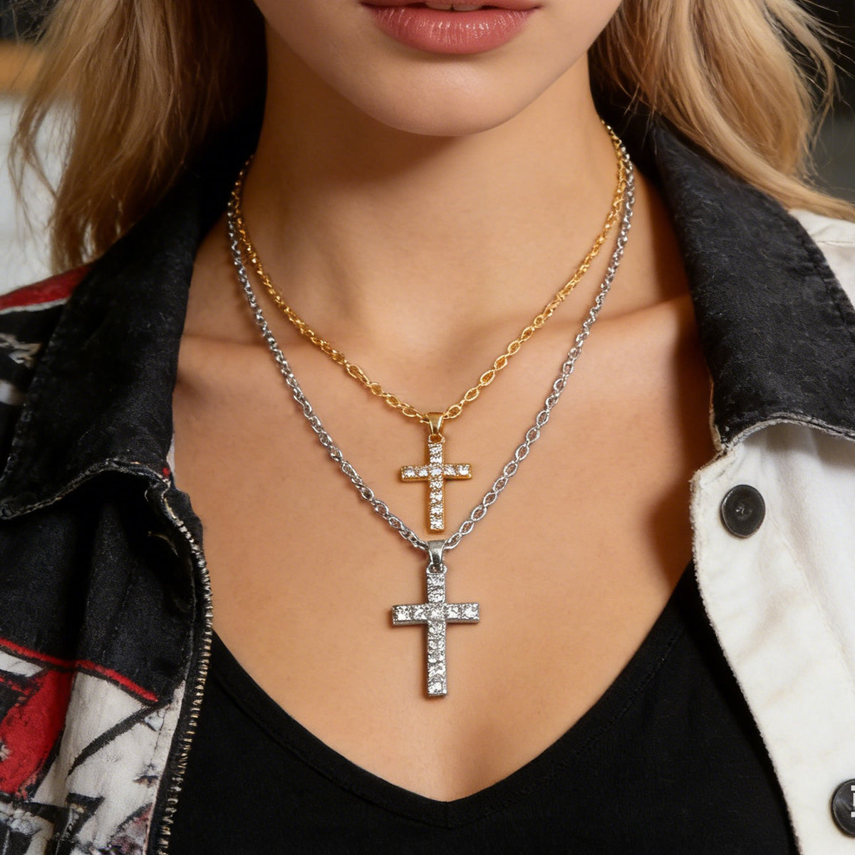 2 pcs Gold Silver Chain Rhinestone Cross Matching Necklace Lovers Couples Gift