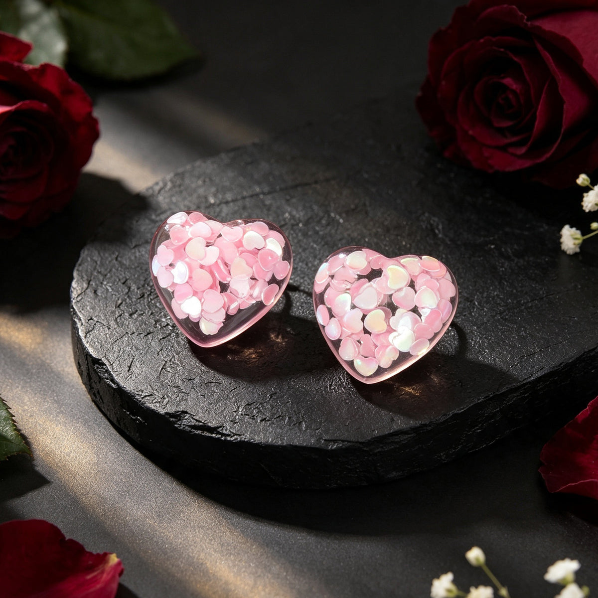 Love Heart Handmade Sparkle Glitter Stud Sequins Pierced Earrings Resin Jewelry