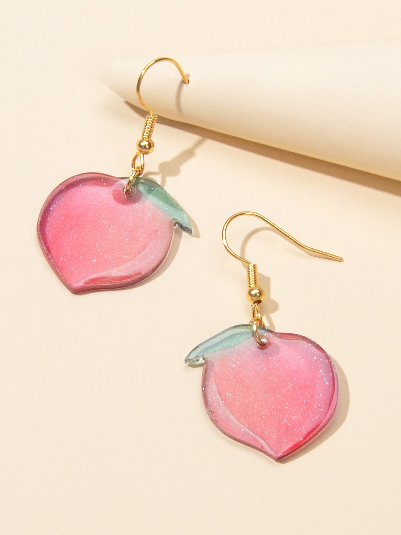 Jewelry set Double layer Silver Chain Necklace Pink Resin Peach Dangle Earrings
