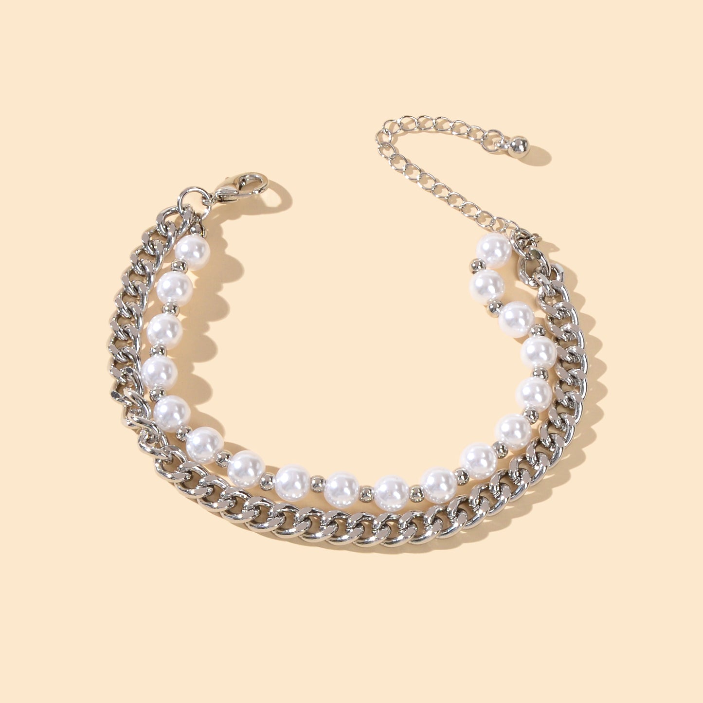 Punk Retro Double layer Silver Chain Pearl Bracelet Statement Women Accessories