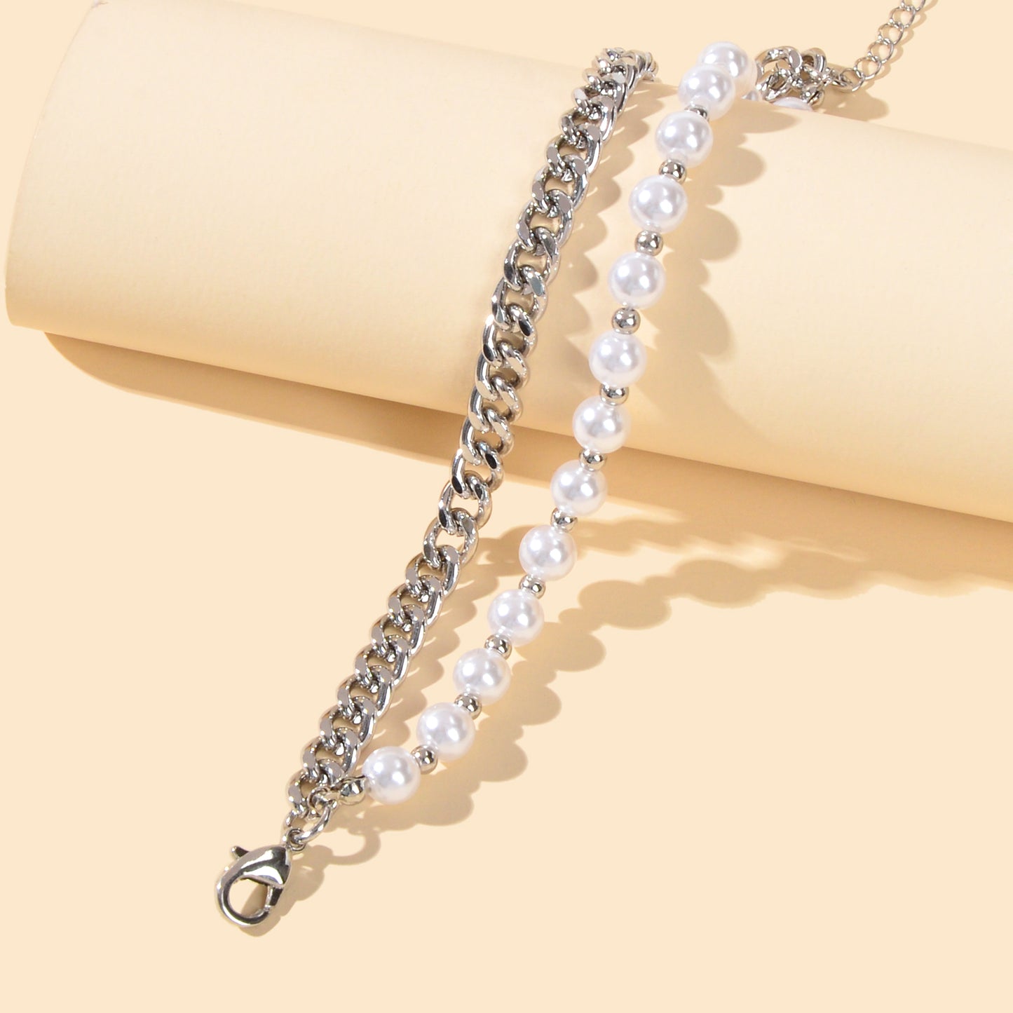 Punk Retro Double layer Silver Chain Pearl Bracelet Statement Women Accessories