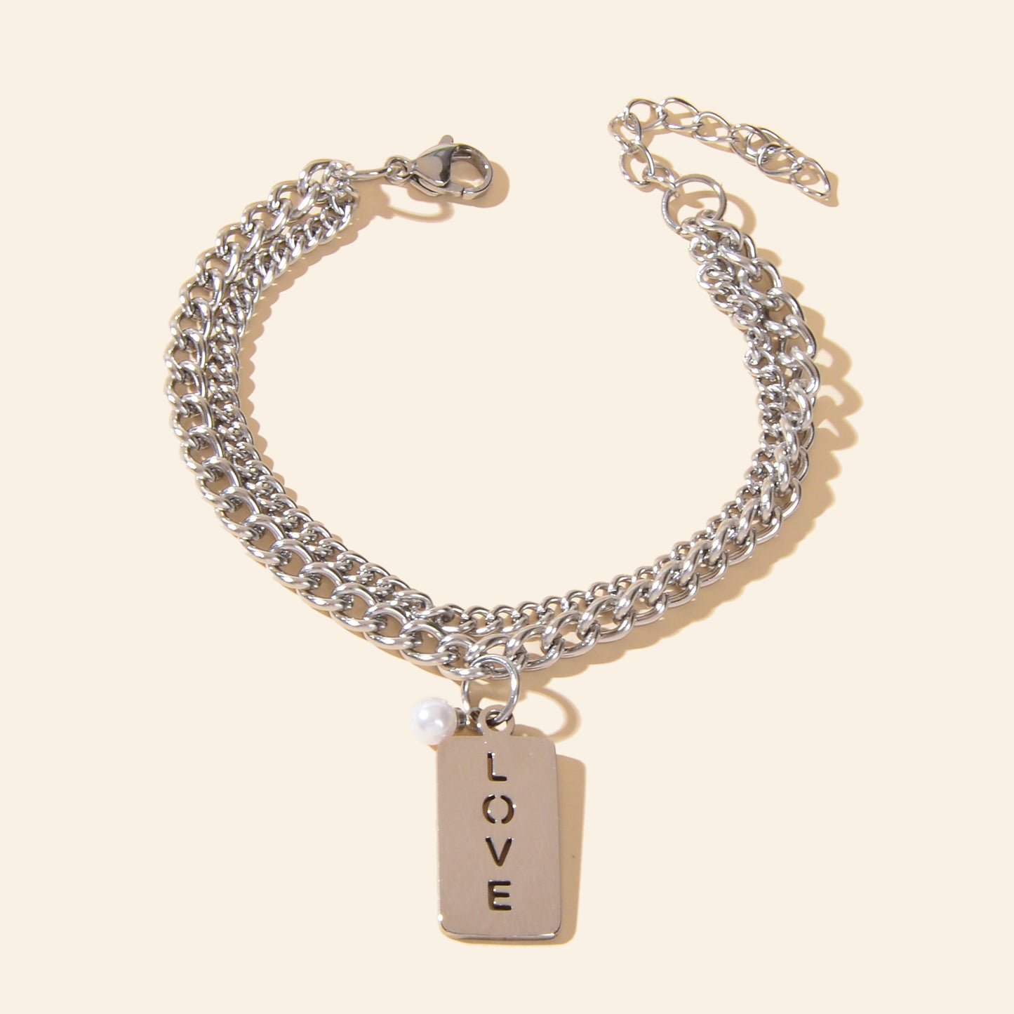 Layered Silver Chain Stainless Steel Rectangle Charm Letter LOVE Bracelet