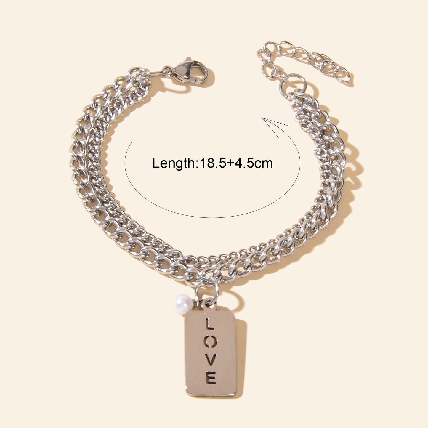 Layered Silver Chain Stainless Steel Rectangle Charm Letter LOVE Bracelet
