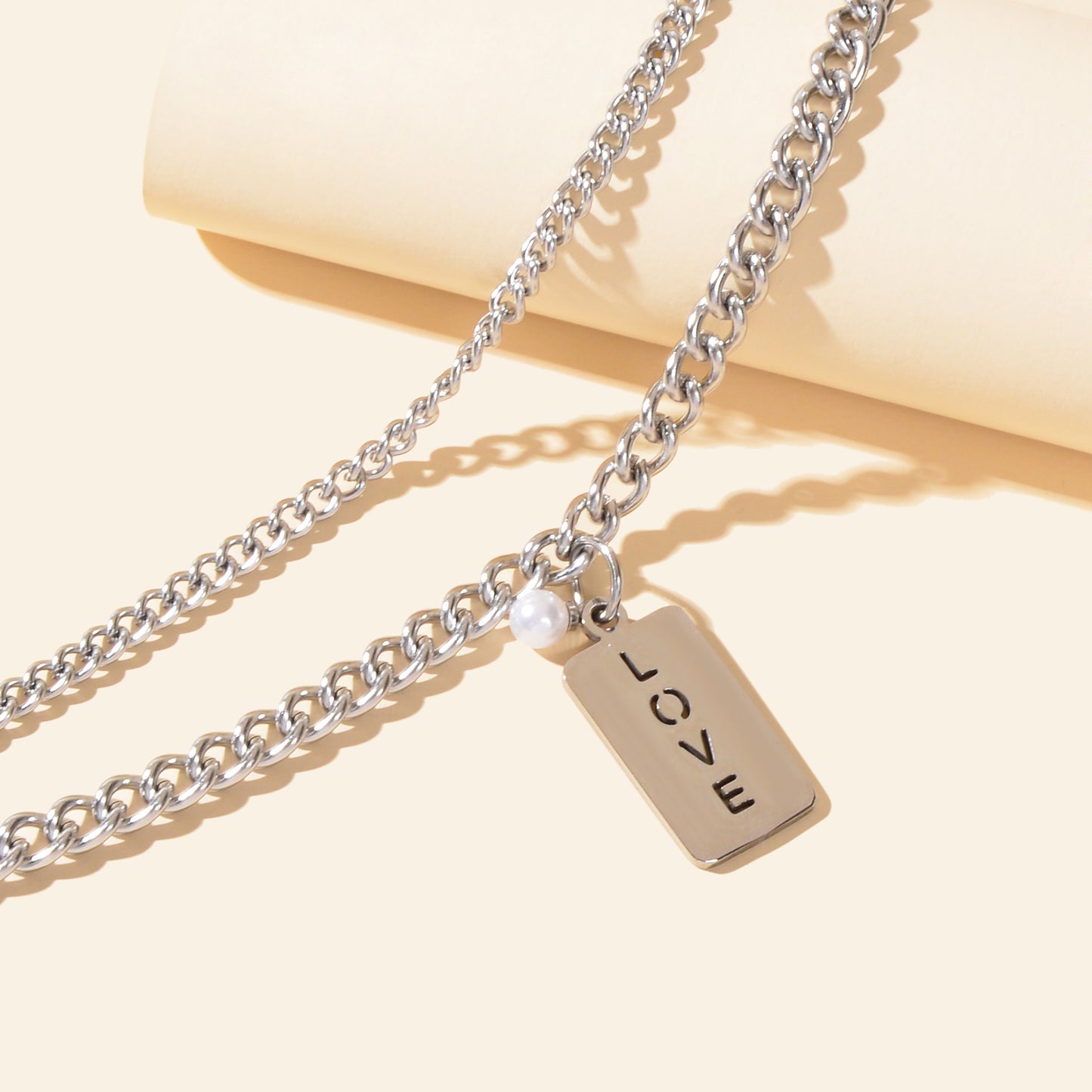 Layered Silver Chain Stainless Steel Rectangle Charm Letter LOVE Bracelet