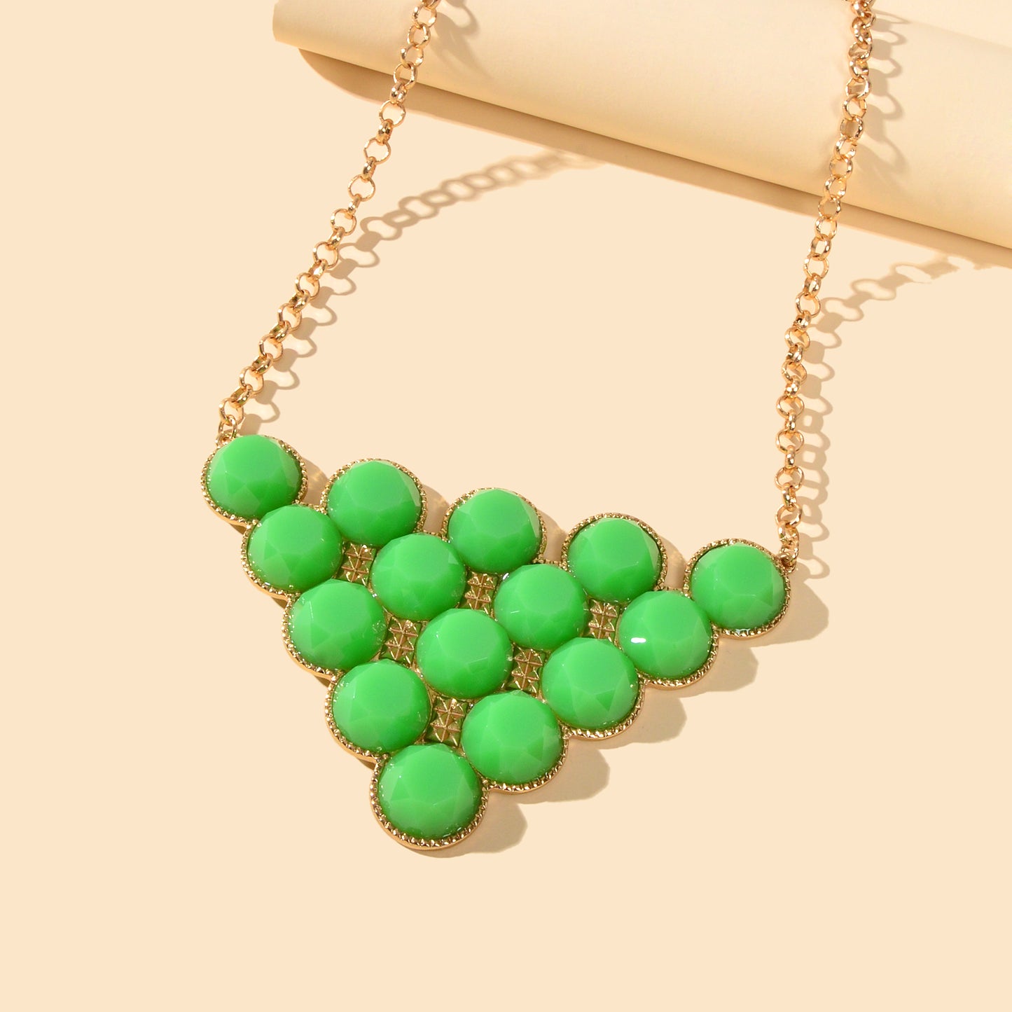 Chunky Golden Chain Green Blue Bead Decor Geometric Big Triangle Pendant Statement Necklace Party Festival Holiday Jewelry