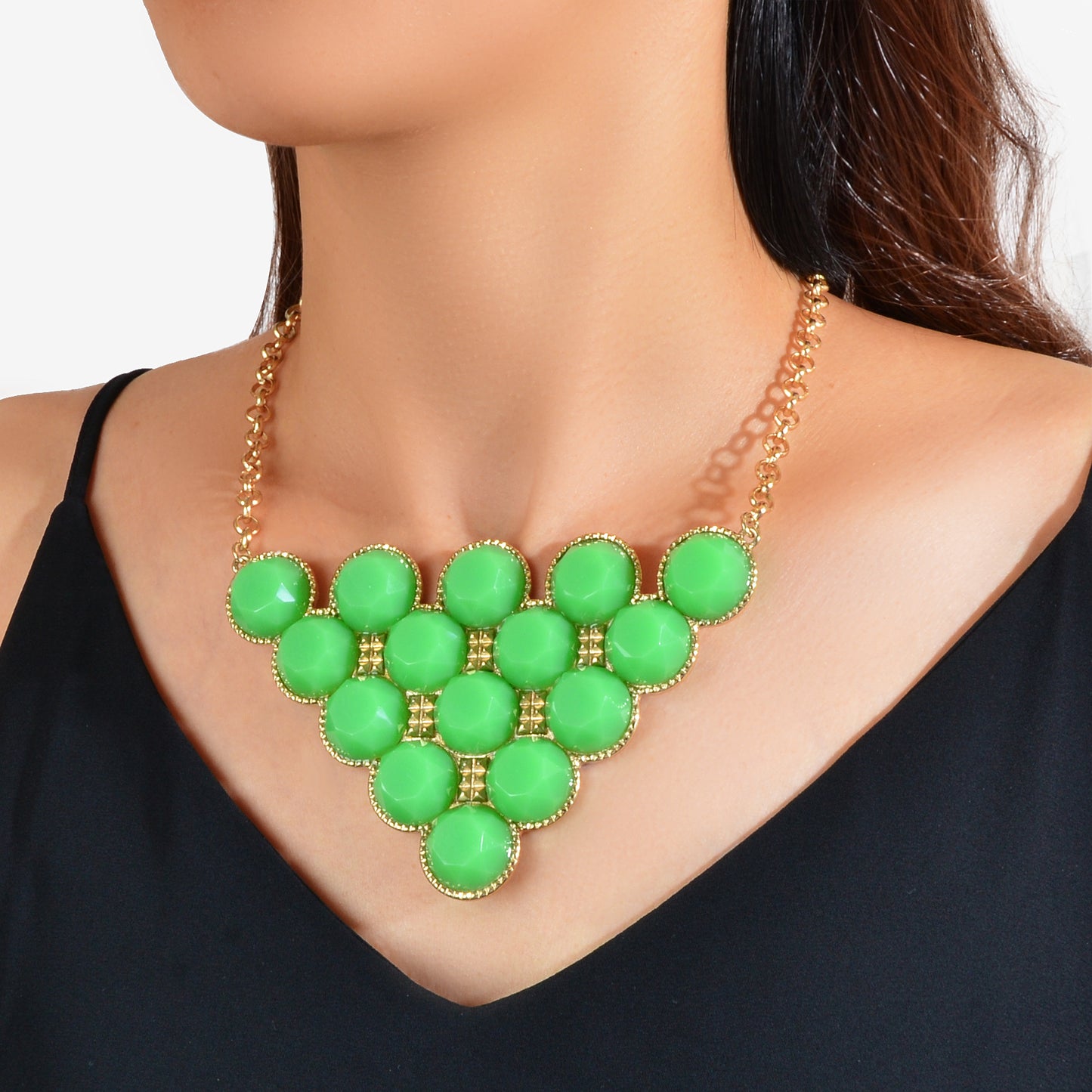Chunky Golden Chain Green Blue Bead Decor Geometric Big Triangle Pendant Statement Necklace Party Festival Holiday Jewelry
