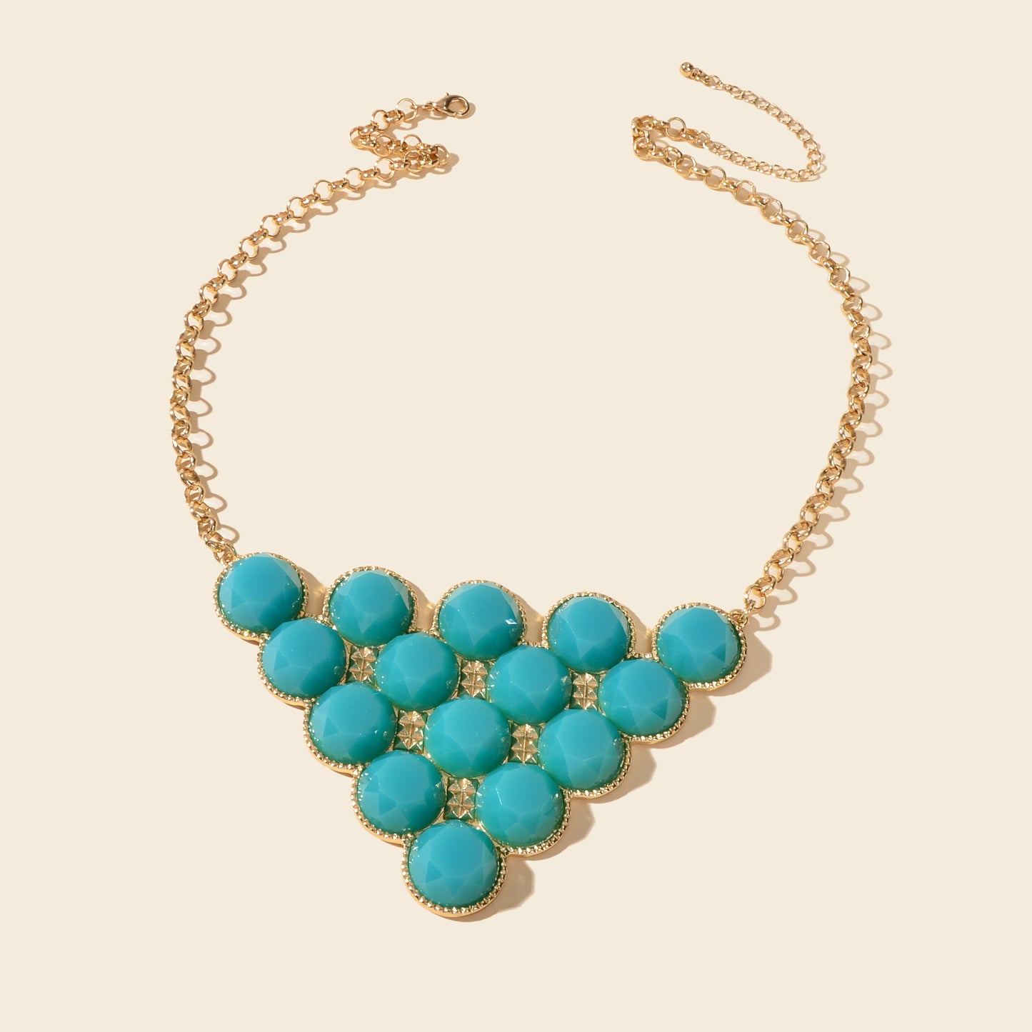 Chunky Golden Chain Green Blue Bead Decor Geometric Big Triangle Pendant Statement Necklace Party Festival Holiday Jewelry
