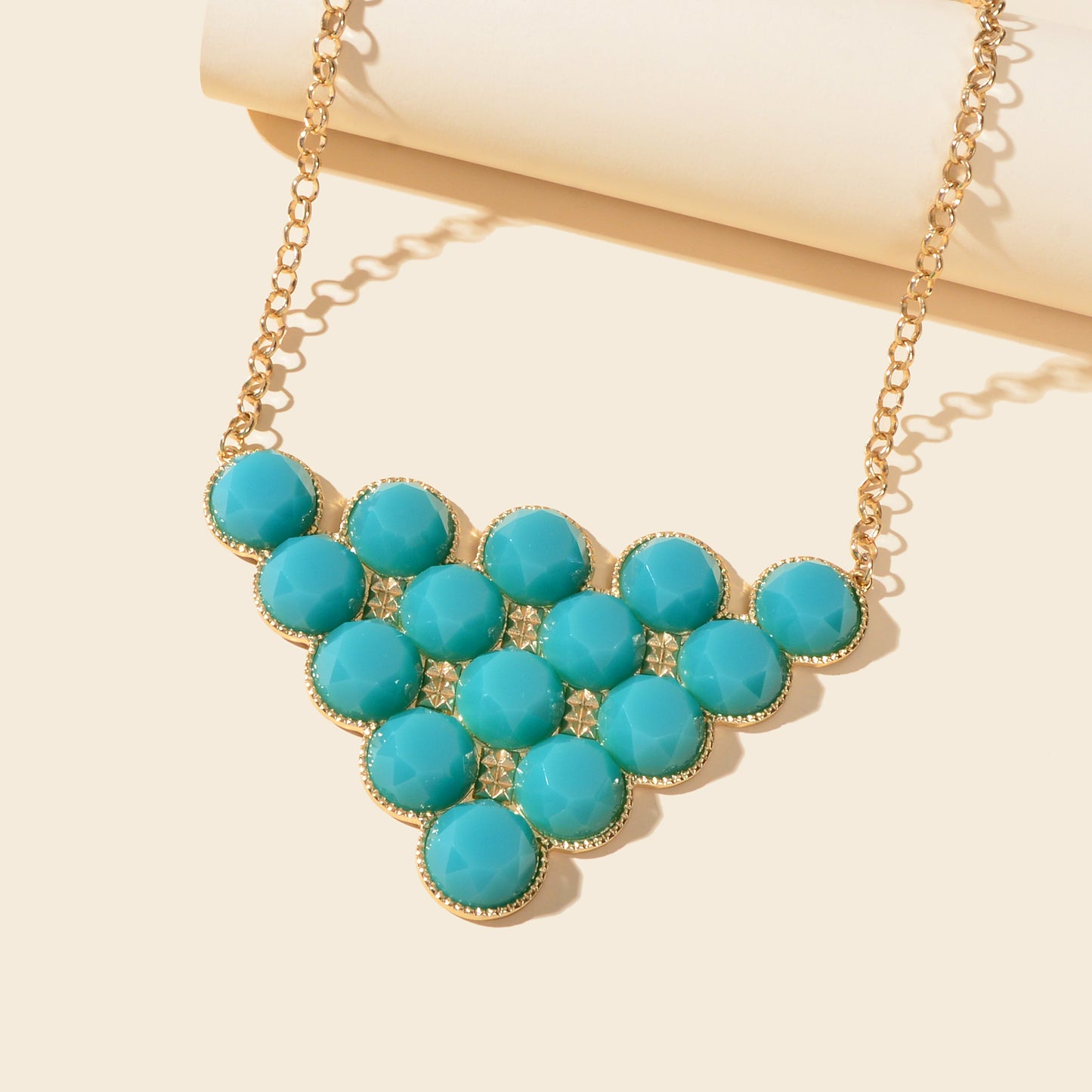 Chunky Golden Chain Green Blue Bead Decor Geometric Big Triangle Pendant Statement Necklace Party Festival Holiday Jewelry