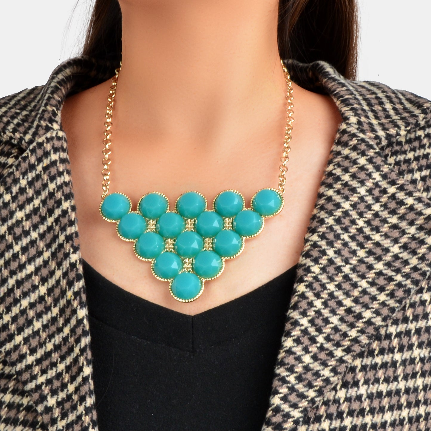Chunky Golden Chain Green Blue Bead Decor Geometric Big Triangle Pendant Statement Necklace Party Festival Holiday Jewelry