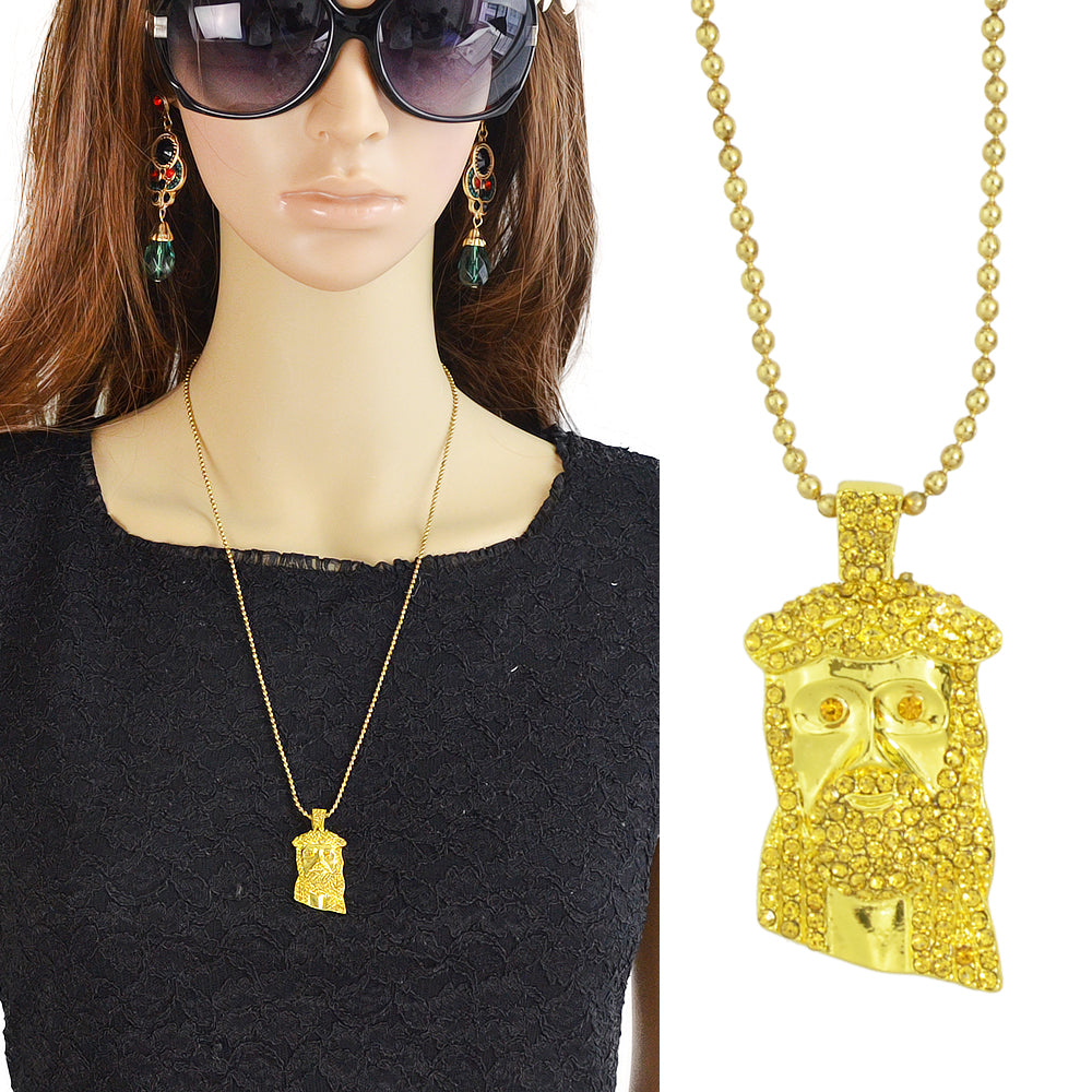 Designer Jewellery Long Silver Gold Popcorn Chain Rhinestone Avatar Pendant Necklace