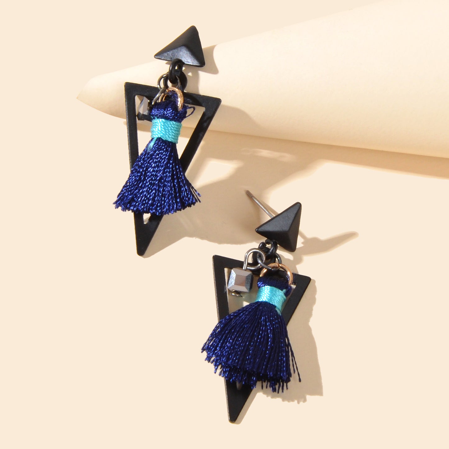 Black Triangle Blue Tassel Dangle Earrings Ethnic Traditional Jewellery Gift