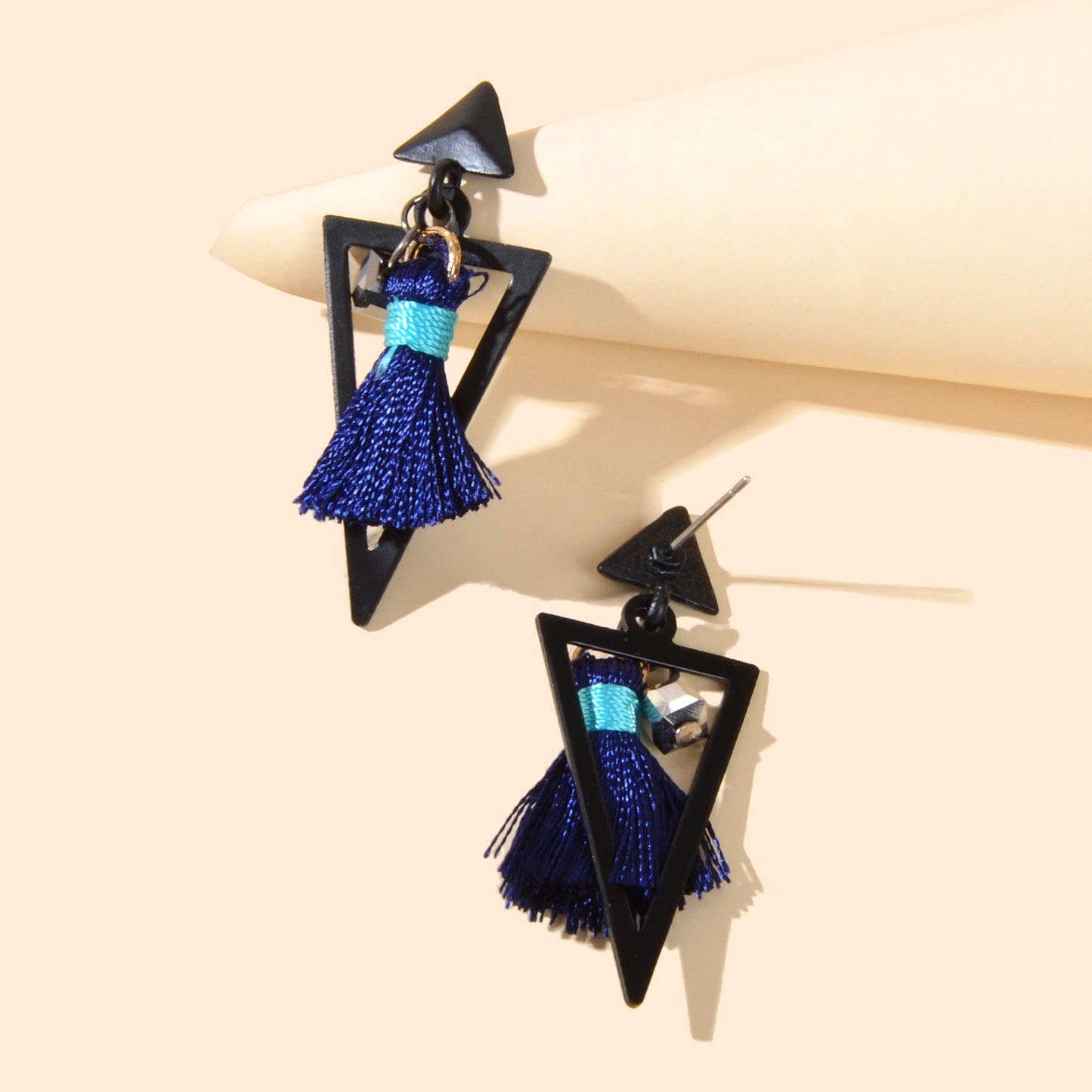 Black Triangle Blue Tassel Dangle Earrings Ethnic Traditional Jewellery Gift