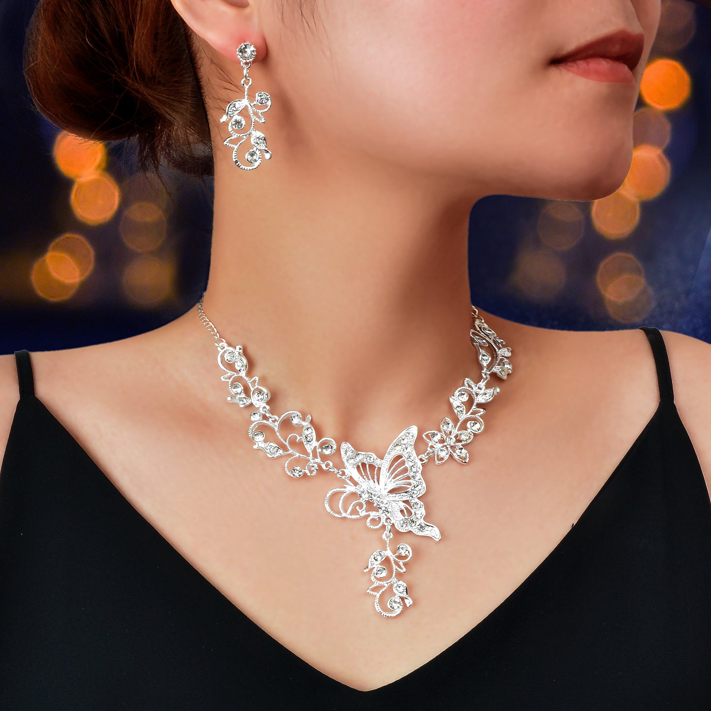 Anniversary Jewellery set Silver Flower Butterfly Collar Necklace Drop Earrings