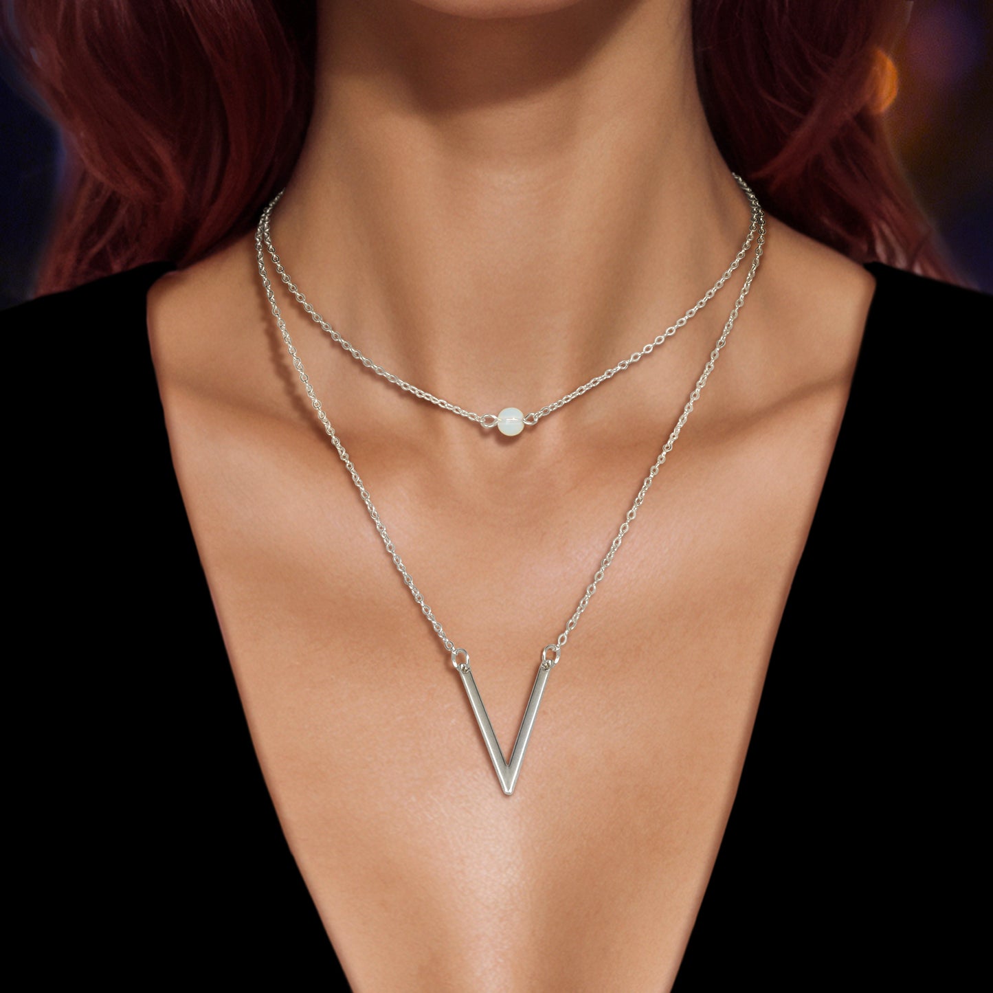 Double layer Gold Chain Letter V Shape Geometric Pendant Necklace Jewellery Gift