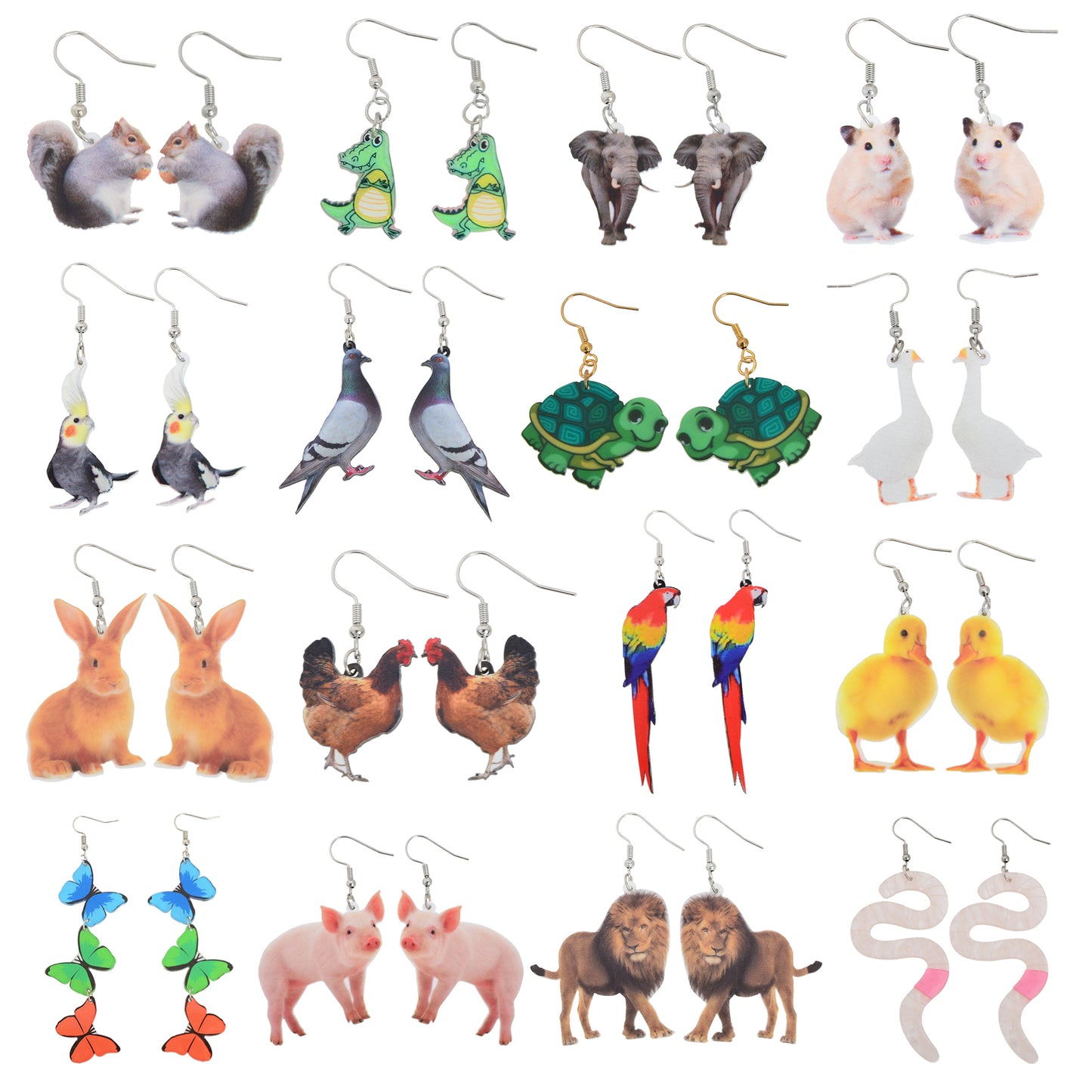 Cute Animal Drop Earrings Set 16 Pairs Acrylic Cartoon Squirrel Elephant Parrot Bunny Fun Fashion Jewelry