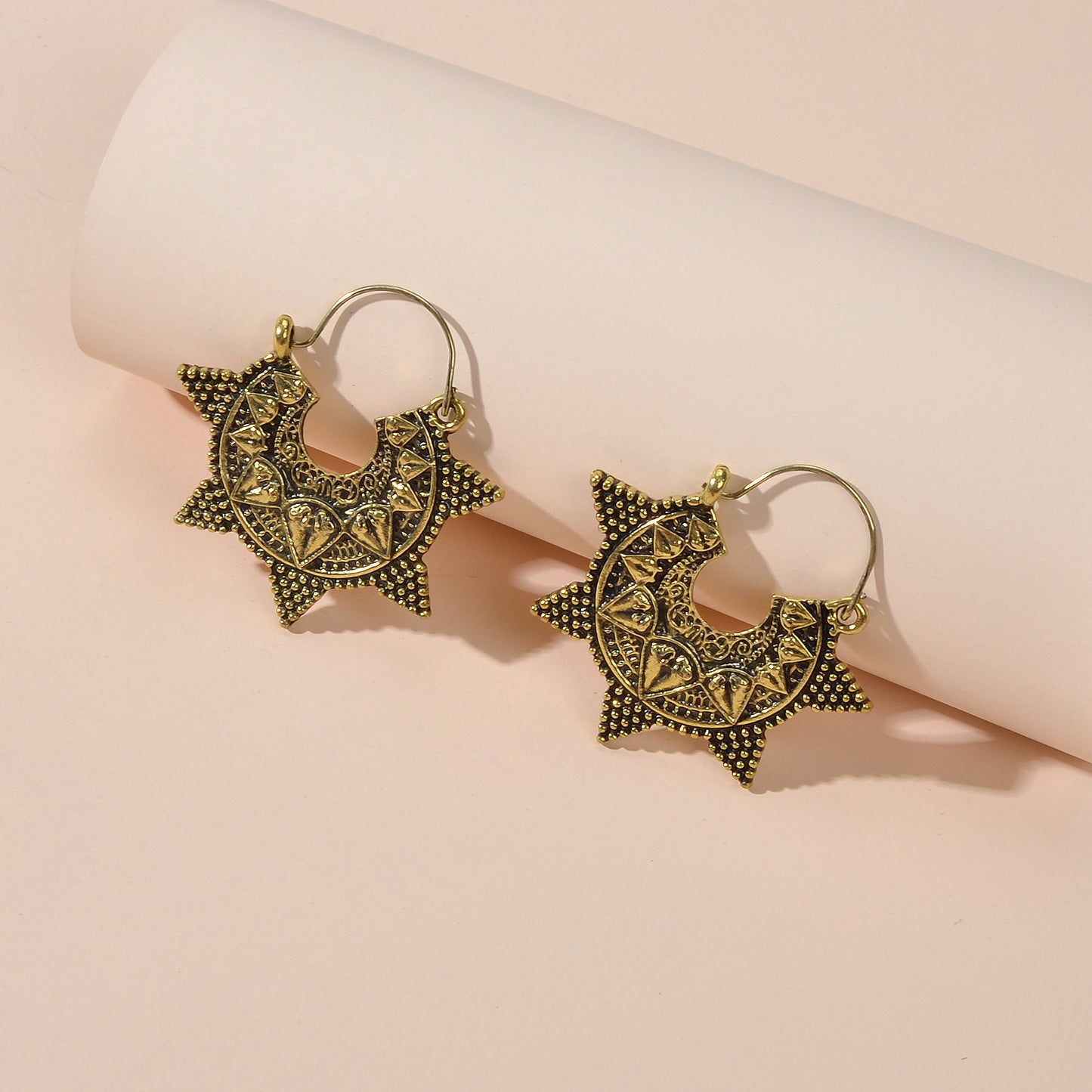 Antique Gold Silver Geometric Oxidized Intricate Hoop Dangle Vintage Earrings