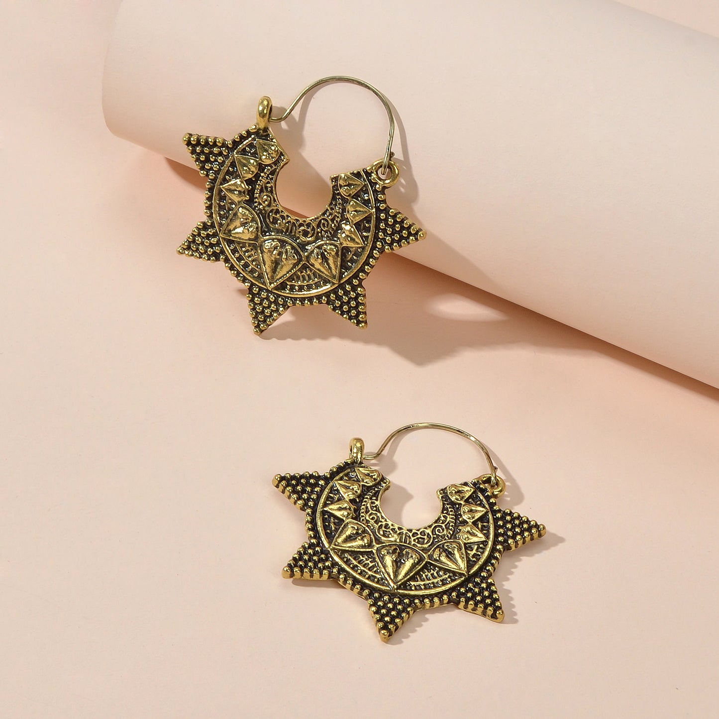Antique Gold Silver Geometric Oxidized Intricate Hoop Dangle Vintage Earrings