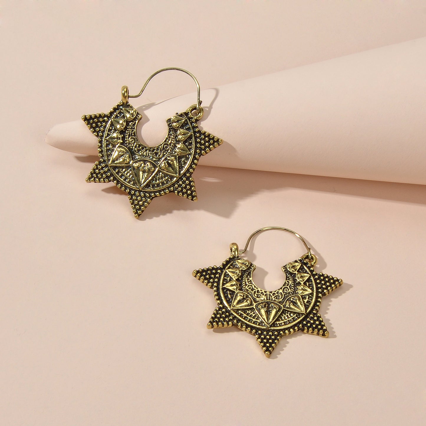 Antique Gold Silver Geometric Oxidized Intricate Hoop Dangle Vintage Earrings