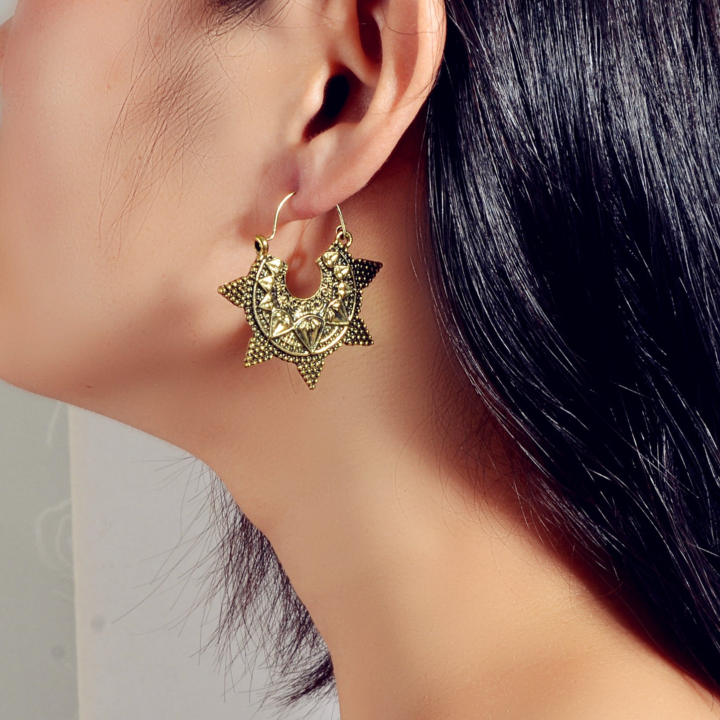 Antique Gold Silver Geometric Oxidized Intricate Hoop Dangle Vintage Earrings