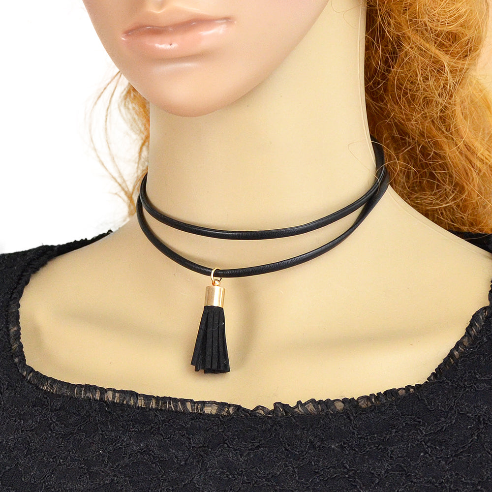 Punk 90s Black Pu Leather Tassel Charm Tattoo Choker Necklace Statement Collar