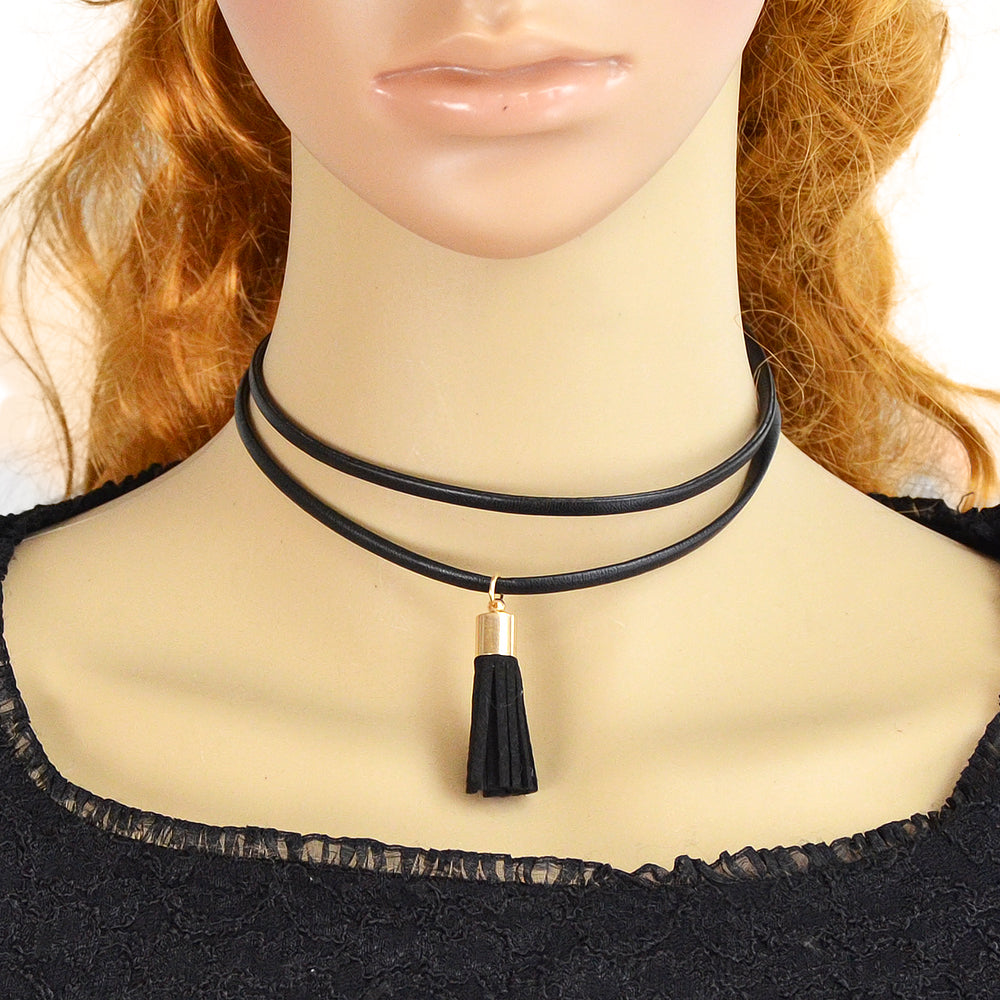 Punk 90s Black Pu Leather Tassel Charm Tattoo Choker Necklace Statement Collar