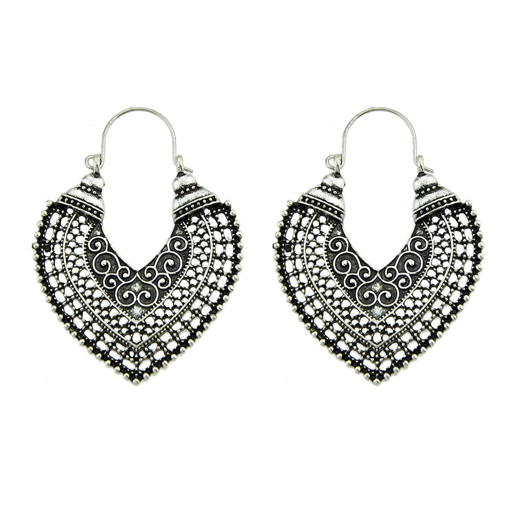 Oxidized Traditional Jewellery Antique Gold Silver Hollow Carved Heart Hoop Earrings