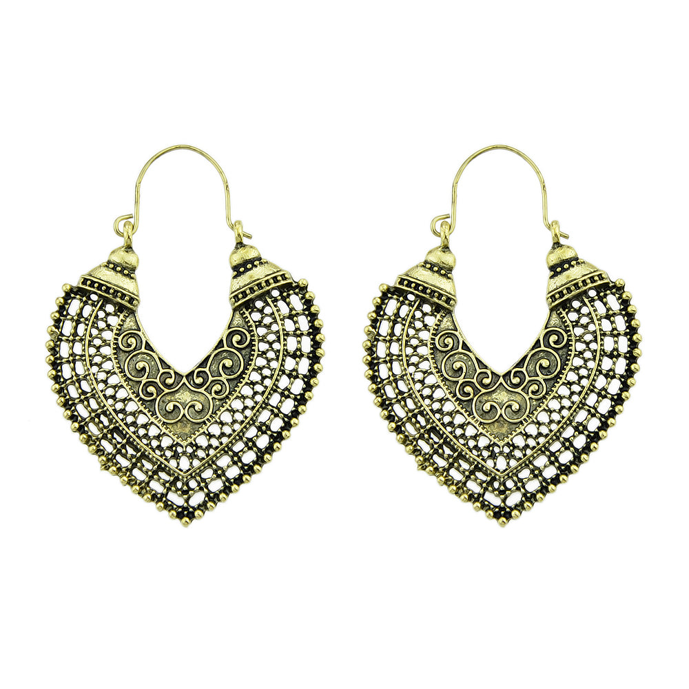 Oxidized Traditional Jewellery Antique Gold Silver Hollow Carved Heart Hoop Earrings