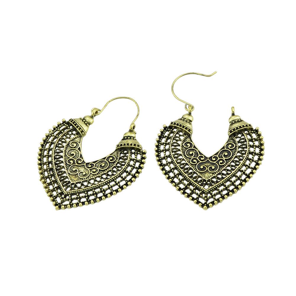 Oxidized Traditional Jewellery Antique Gold Silver Hollow Carved Heart Hoop Earrings
