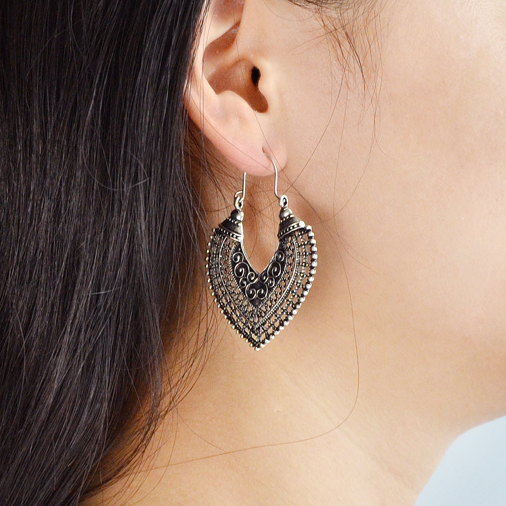 Oxidized Traditional Jewellery Antique Gold Silver Hollow Carved Heart Hoop Earrings