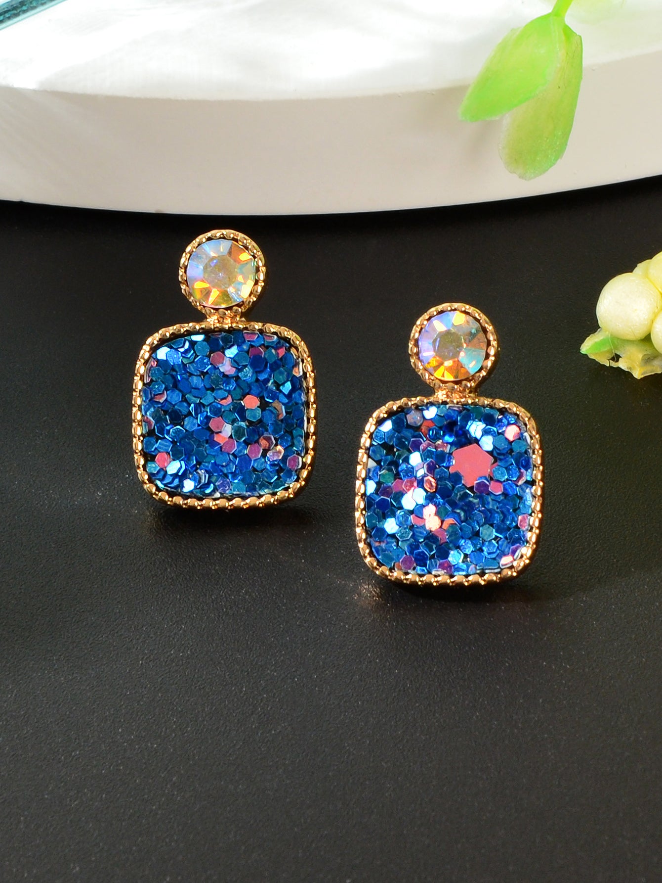 Colorful Square Glitter Sparkle Stud Earrings - Trendy Fashion Jewelry Accessory