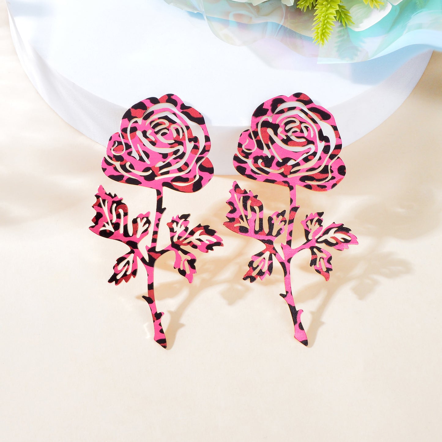 Fashion Preppy Hot Pink Hollow Metal Rose Flower Big Stud Earrings Women Anniversary Prom Jewelry