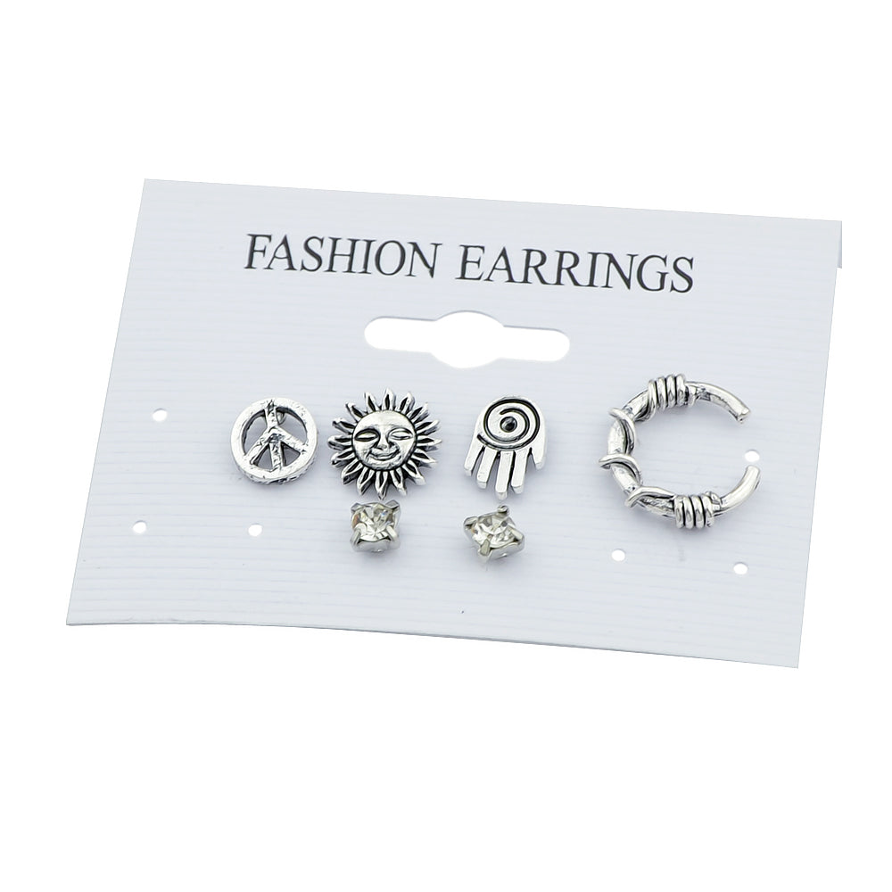 6 pcs Oxidized Intricate Antique Silver Sun Hand Vintage Stud Earrings Ear Cuff