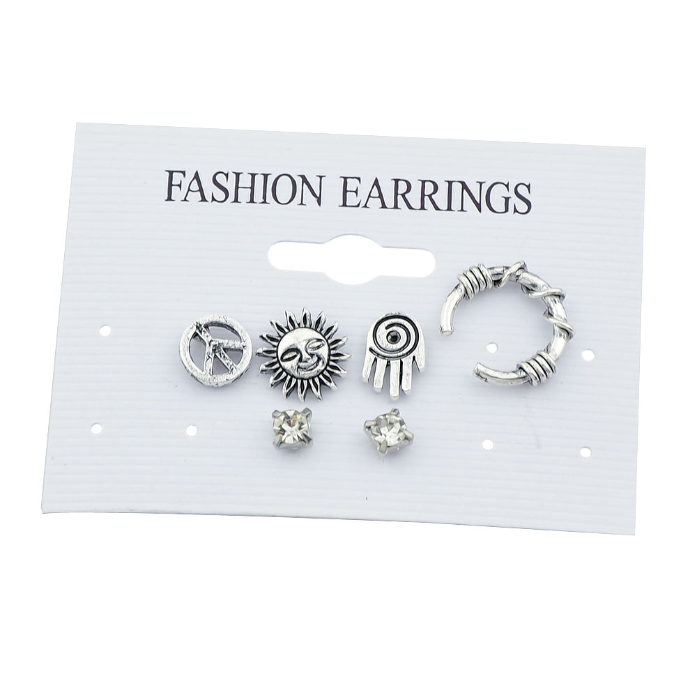 6 pcs Oxidized Intricate Antique Silver Sun Hand Vintage Stud Earrings Ear Cuff