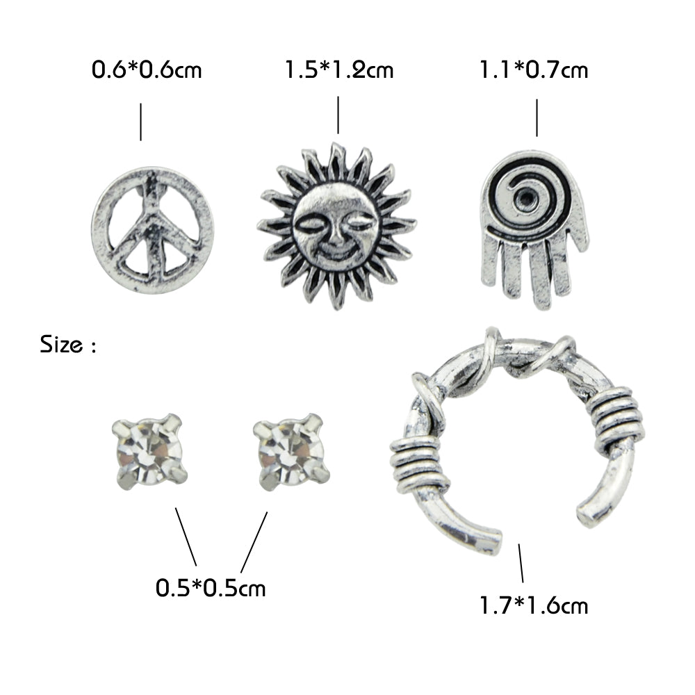 6 pcs Oxidized Intricate Antique Silver Sun Hand Vintage Stud Earrings Ear Cuff