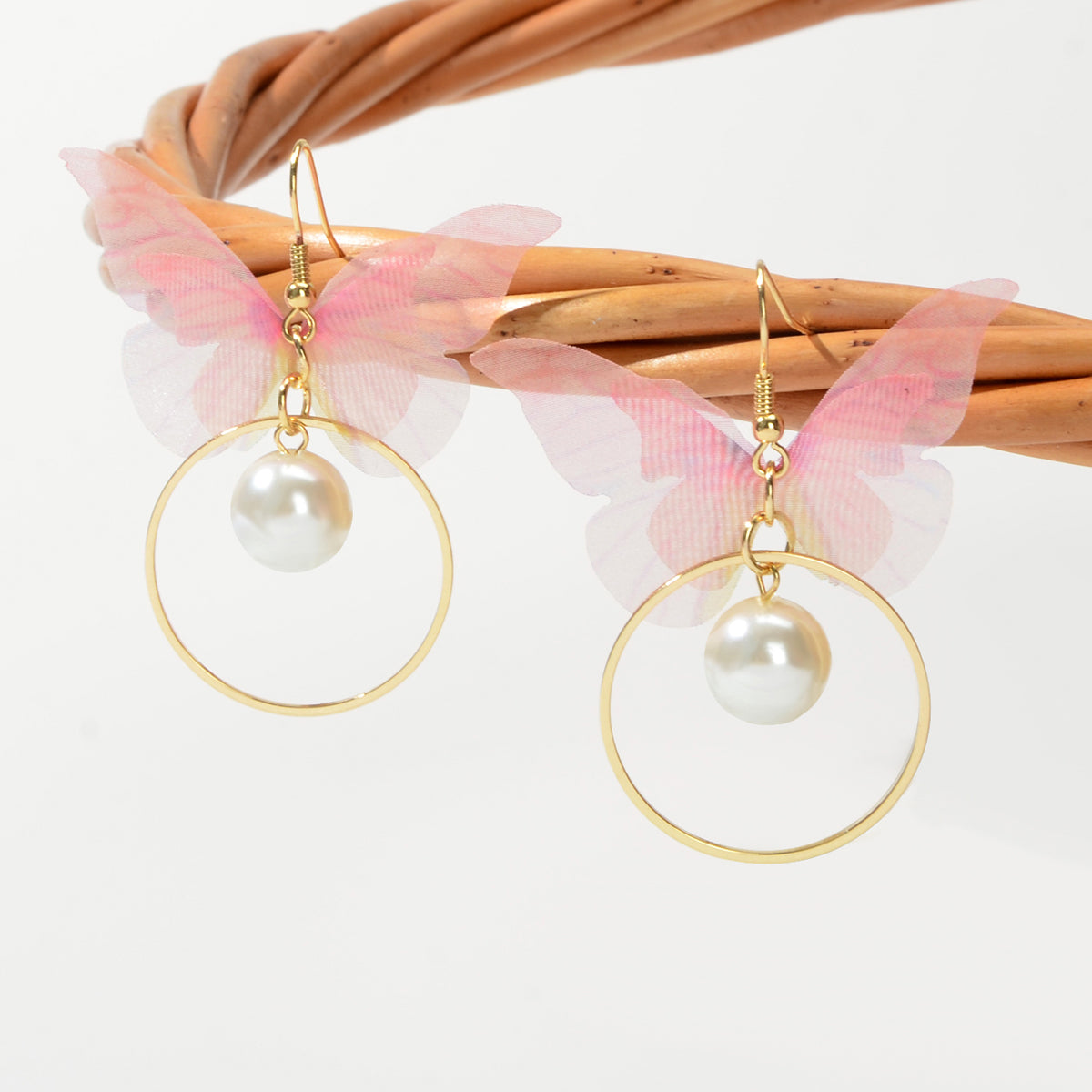 Pearl Beads Gold Circle Pink Butterfly Charm Earrings Best Friends Funny Gifts