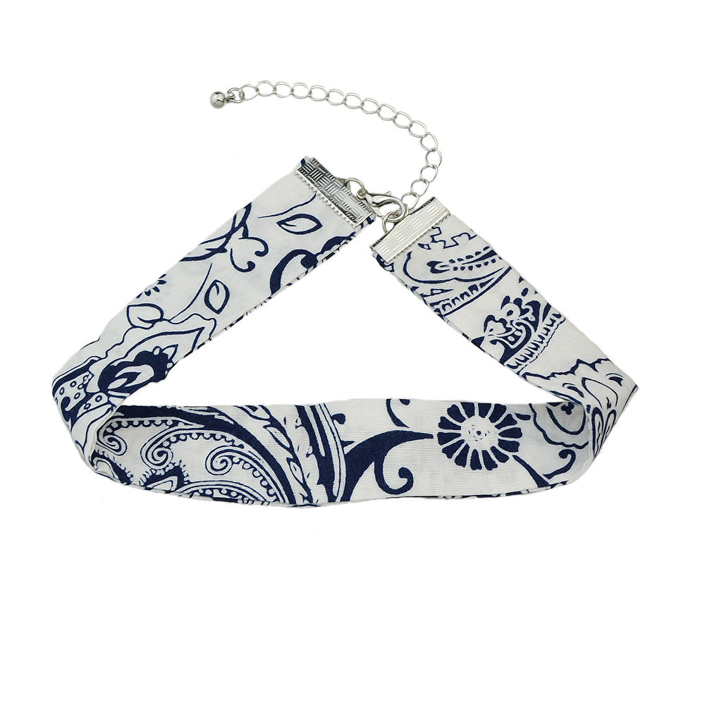 Boho Chic Jewelry 90s Blue Geometric Pattern Cloth Short Choker Necklace Collar