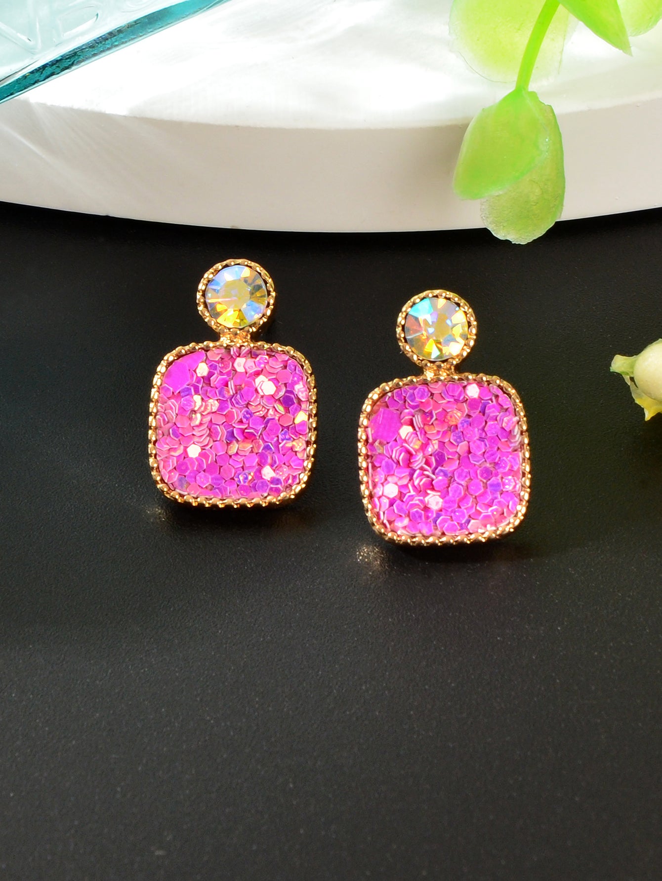 Colorful Square Glitter Sparkle Stud Earrings - Trendy Fashion Jewelry Accessory