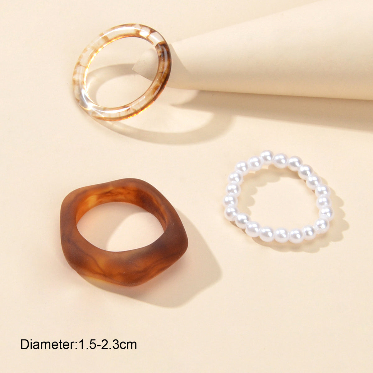 Multiple 3 pcs White Brown Resin Chunky Pearl Elastic Stackable Finger Ring Set