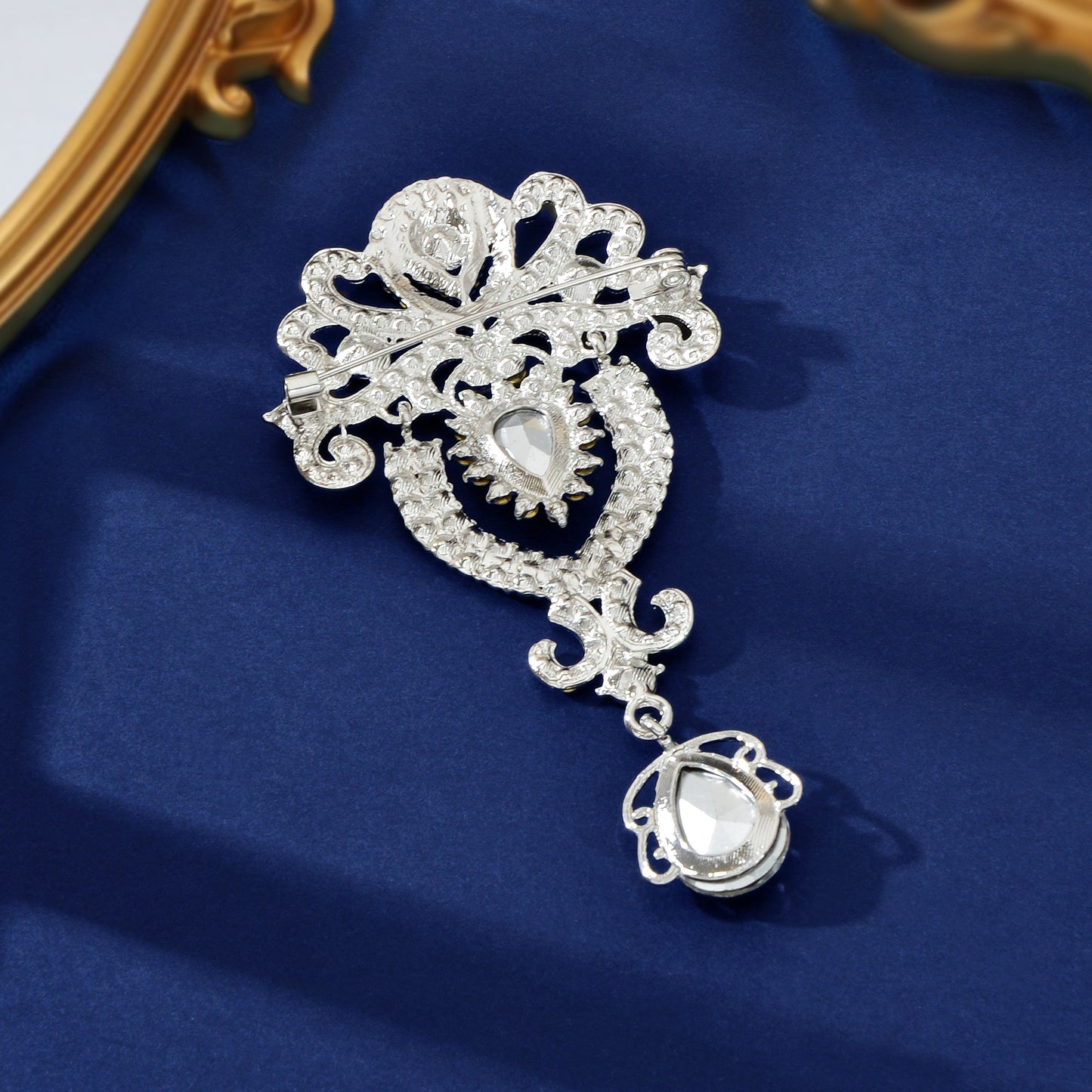 Luxurious Rhinestone Decor Silvery Flower Water Drop Design Brooch Pin Women Banquet Jewelry Accessories