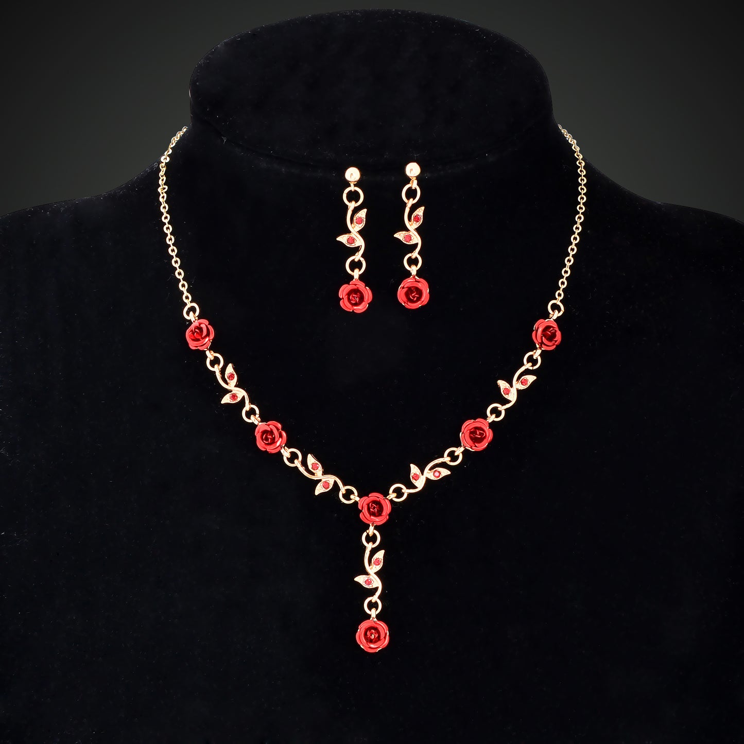 Golden Leaf Red Hot Pink Flower Pendant Necklace Dangle Earrings Jewellery set