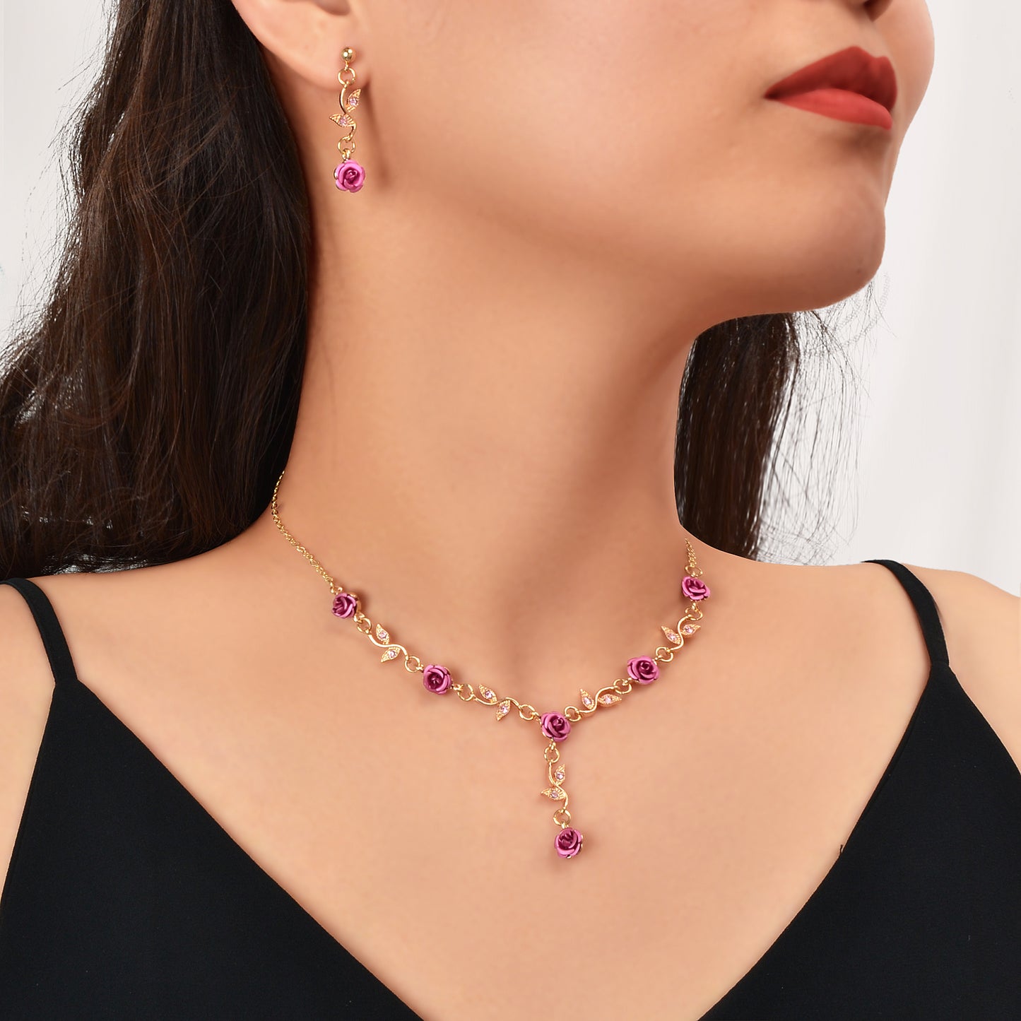 Golden Leaf Red Hot Pink Flower Pendant Necklace Dangle Earrings Jewellery set