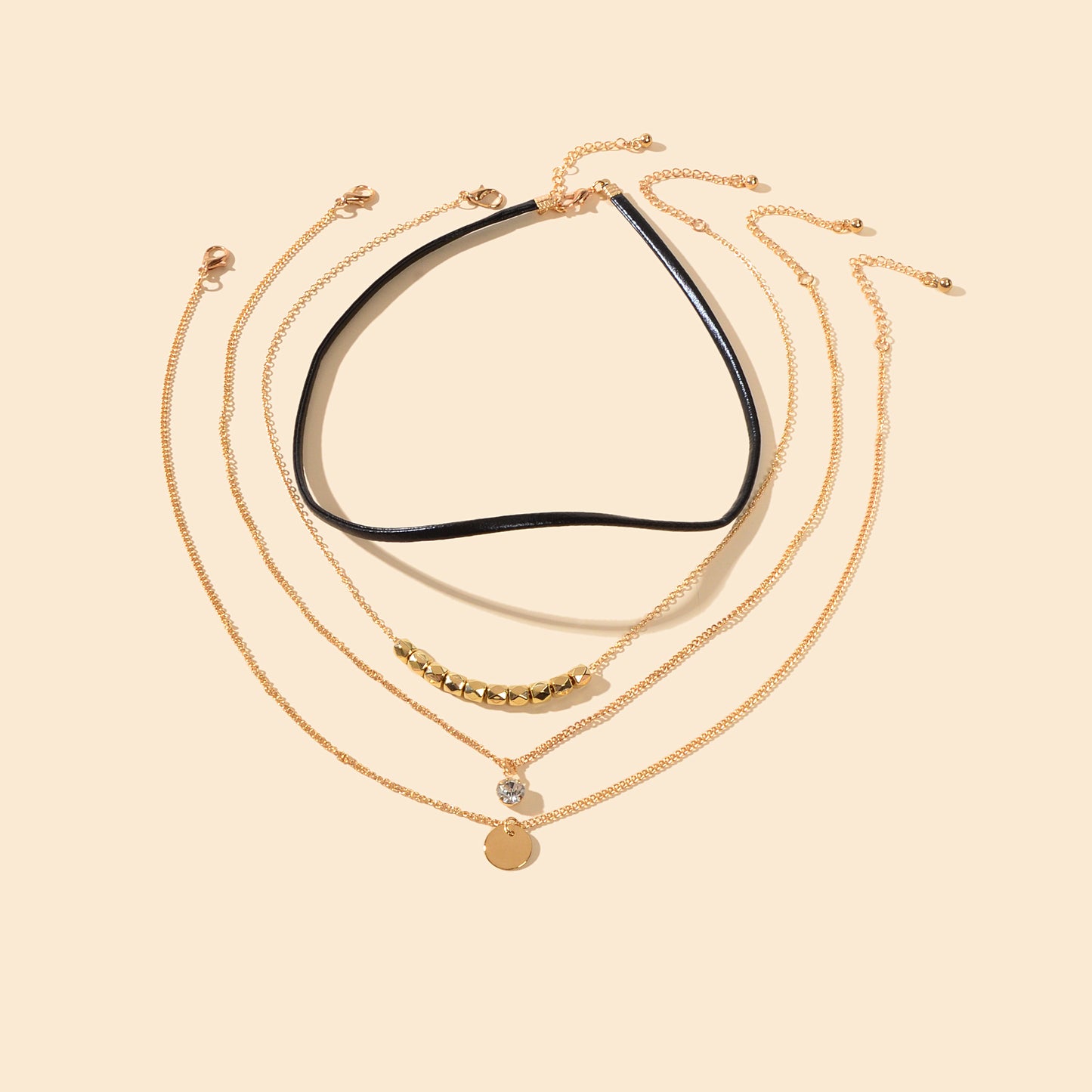Punk Style 4pcs 90s Black Pu Leather Choker Gold Chain Round Disc Charm Necklace