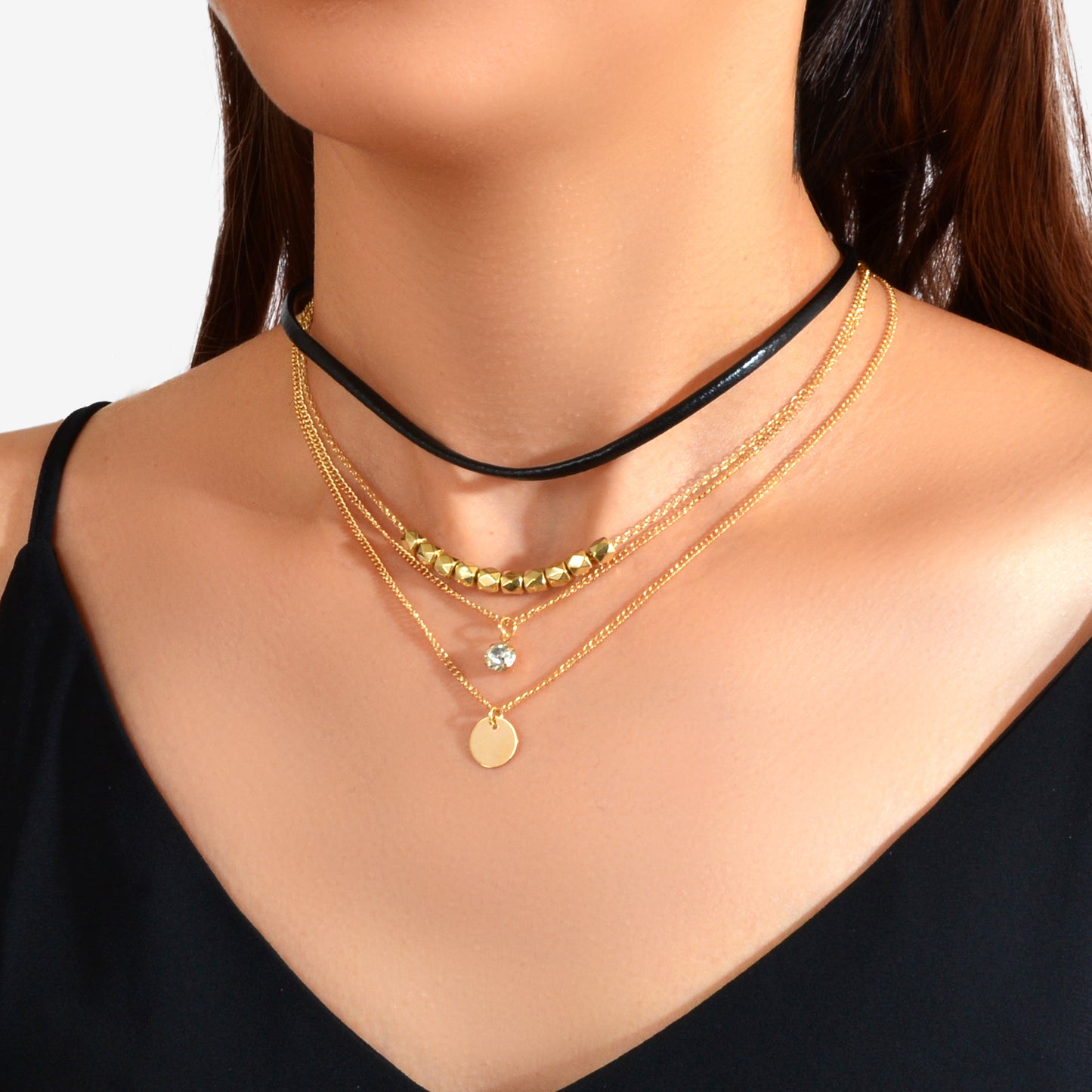 Punk Style 4pcs 90s Black Pu Leather Choker Gold Chain Round Disc Charm Necklace
