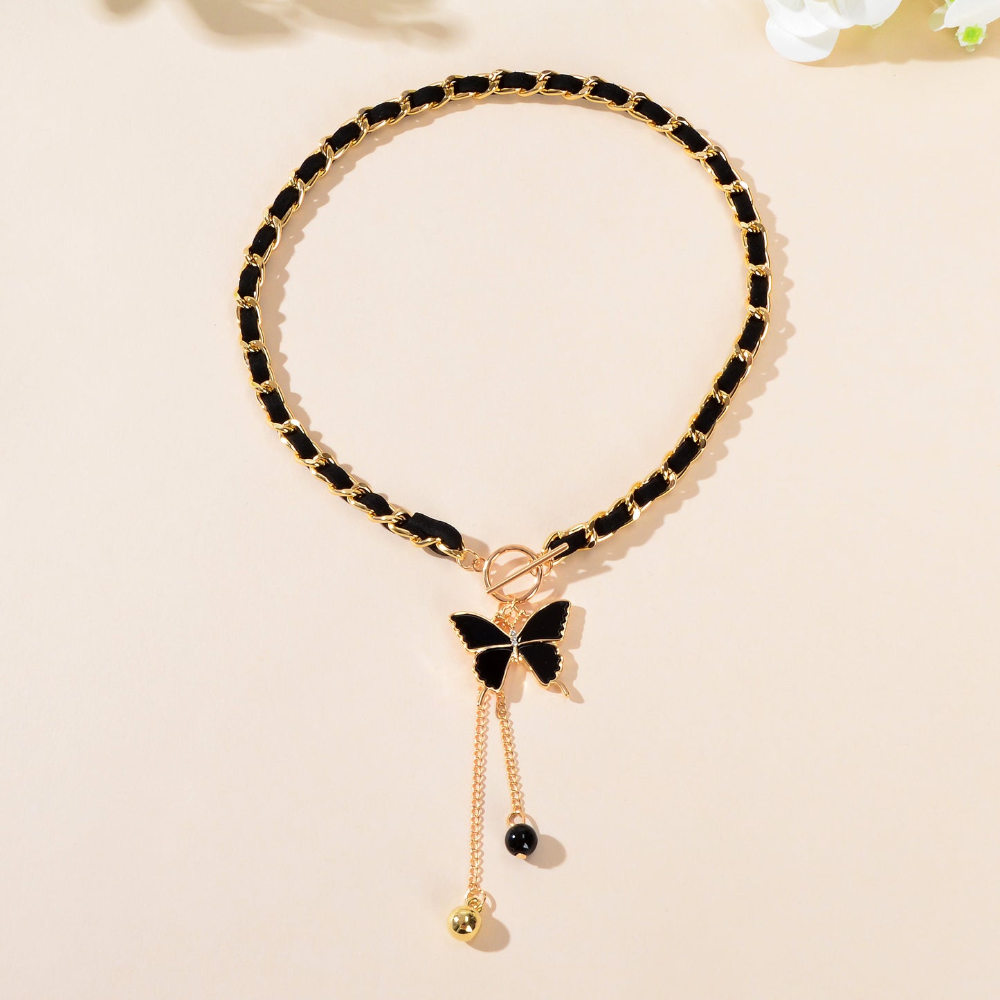 1pc Designer Stylish Butterfly Charm and Ball Pendant Tassel Braided Long Necklace Women Party Daily Jewelry