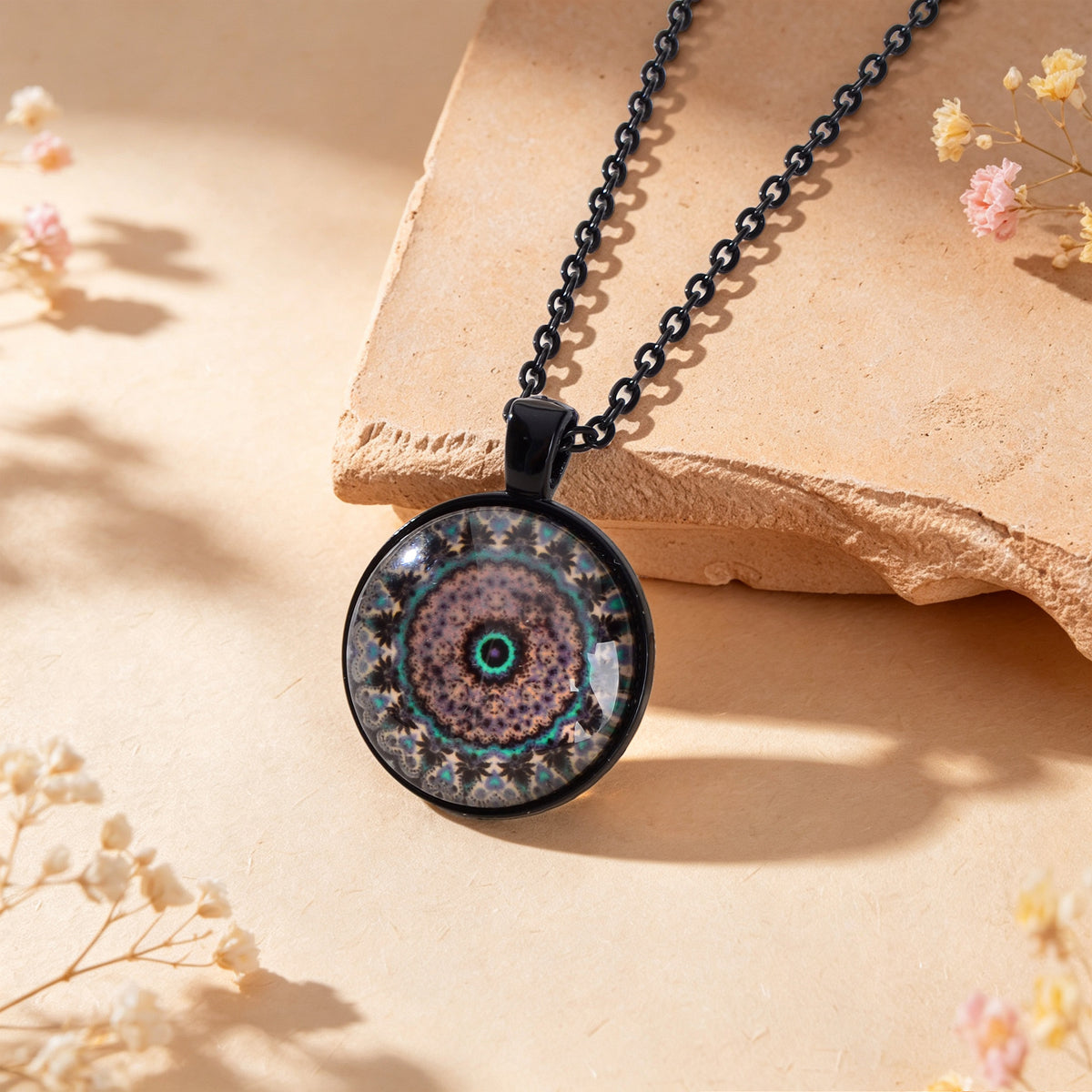 Black Long Chain Antique Colorful Floral Pattern Round Pendant Ethnic Necklace