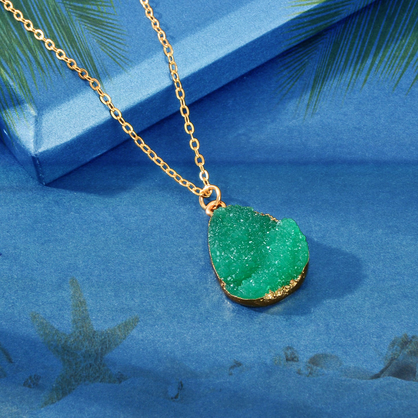 Boho Chic Gold Chain Colorful Stone Resin Water Drop Pendant Ethnic Necklace