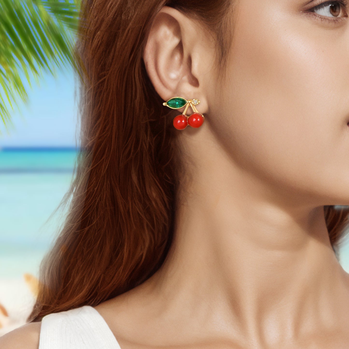 Lovely Fruit Jewellery Green Crystal Leaf Red Beads Stud Elegant Cherry Earrings