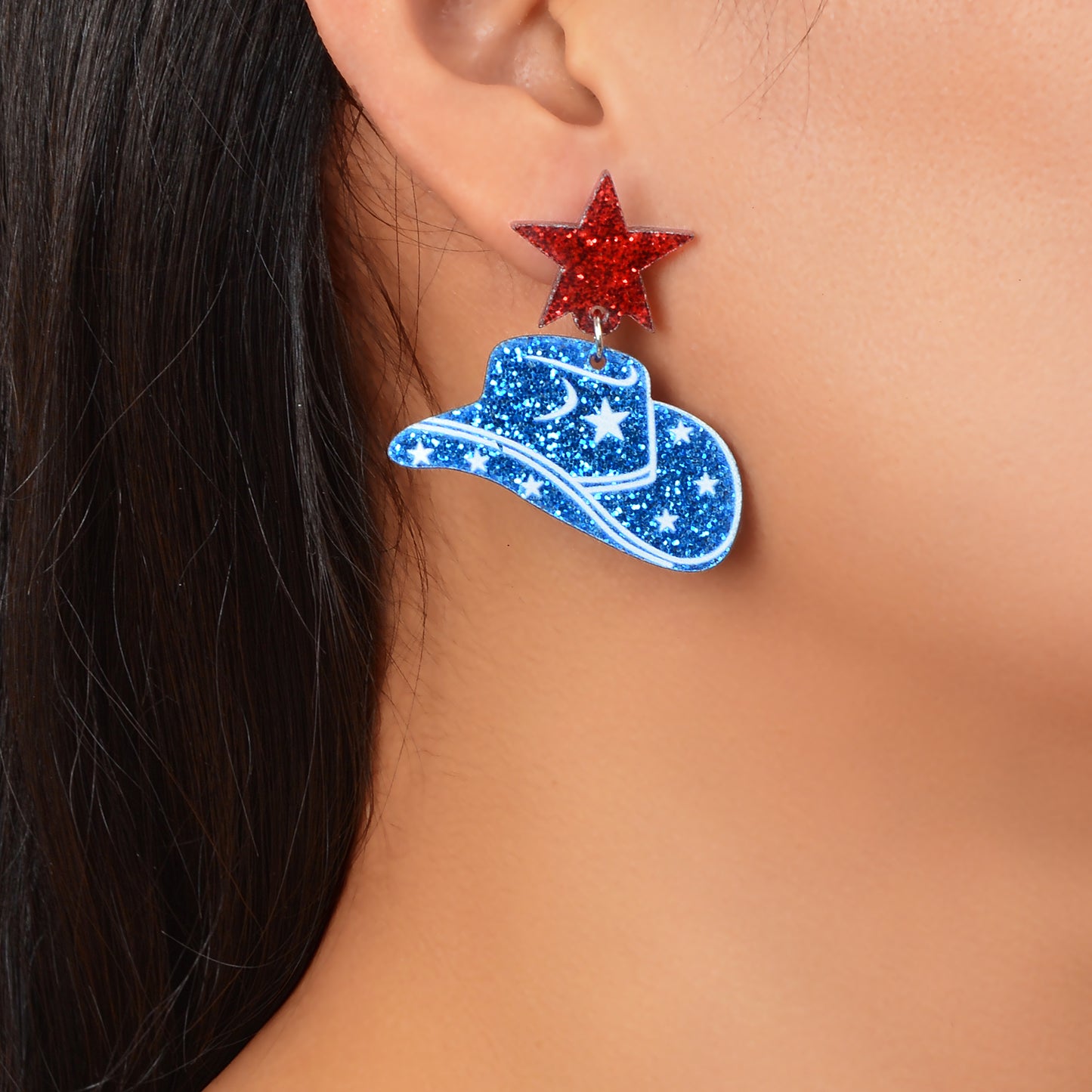 Designer Stylish Sequins Red Star Blue Cowboy Hat Acrylic Earrings Party Jewellery